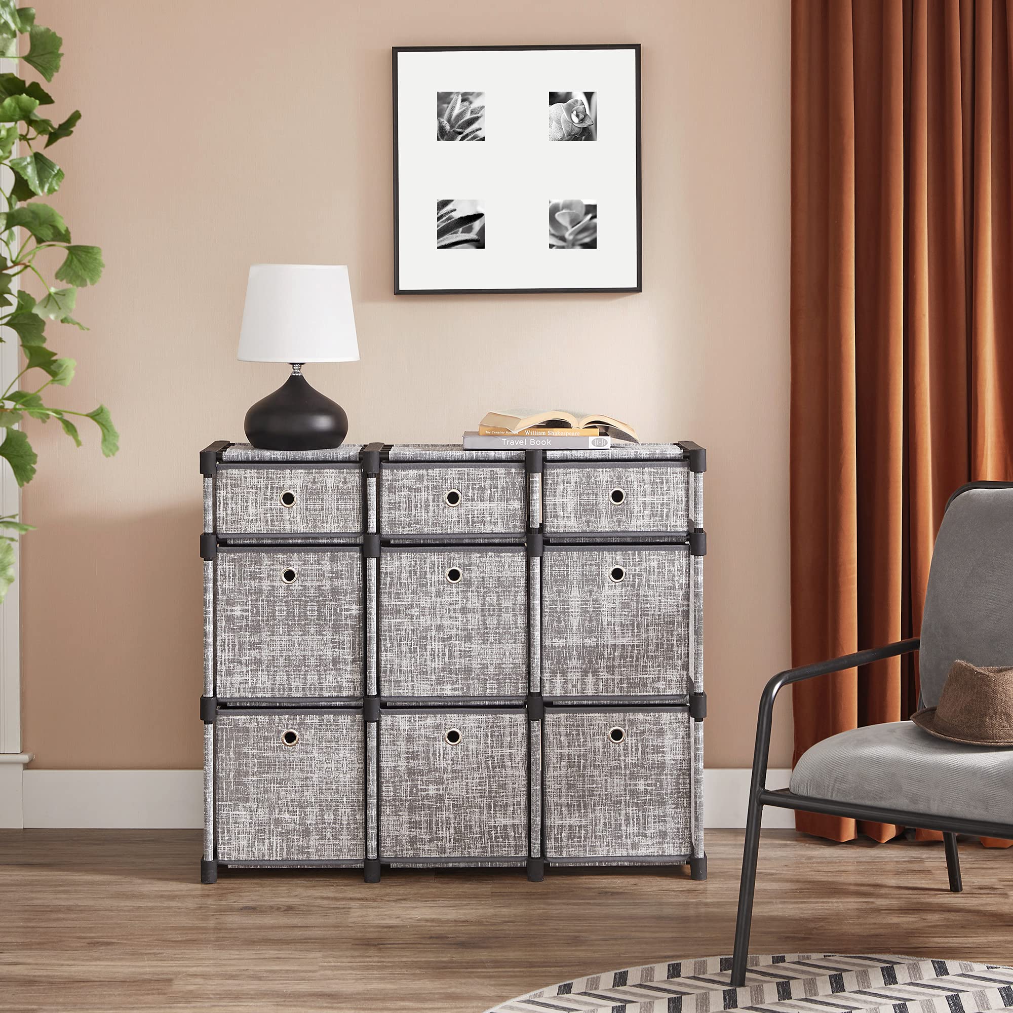 SONGMICS 9-Cube Drawer Organizer, Closet Organizer, Storage Unit, Bookcase, 32.9 x 11.8 x 31.2 Inches, for Bedroom, Living Room, Entryway, Heather Gray ULSN603G12