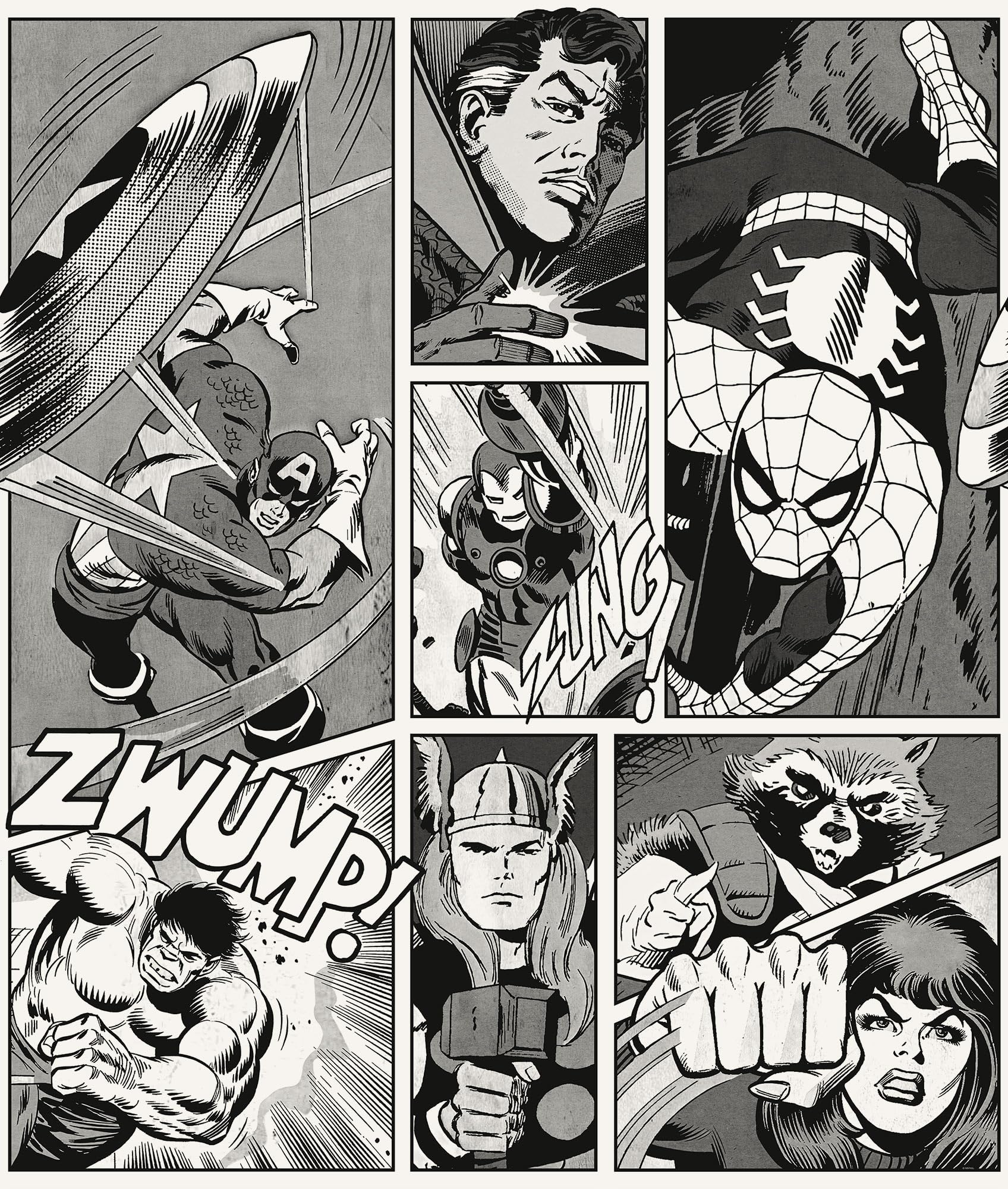 Marvel Classic Comic Panel Monochrome - Papel pintado de vinilo (212 x 250 cm, 1 rollo de 4 paneles, para habitación infantil, diseño de superhéroes)