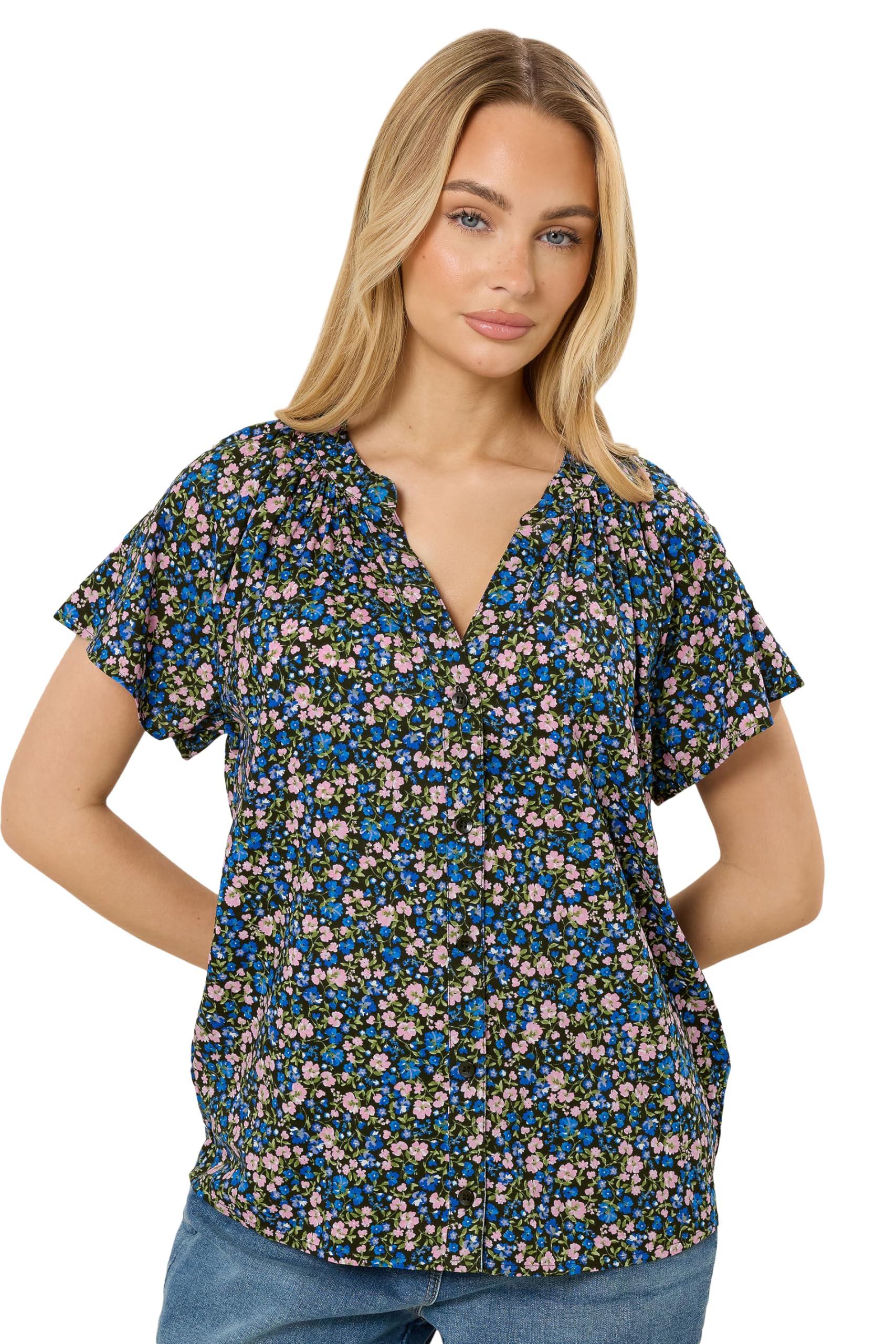 M&Co Women's Black Ditsy Floral Button Front Blouse In | Size: 20
