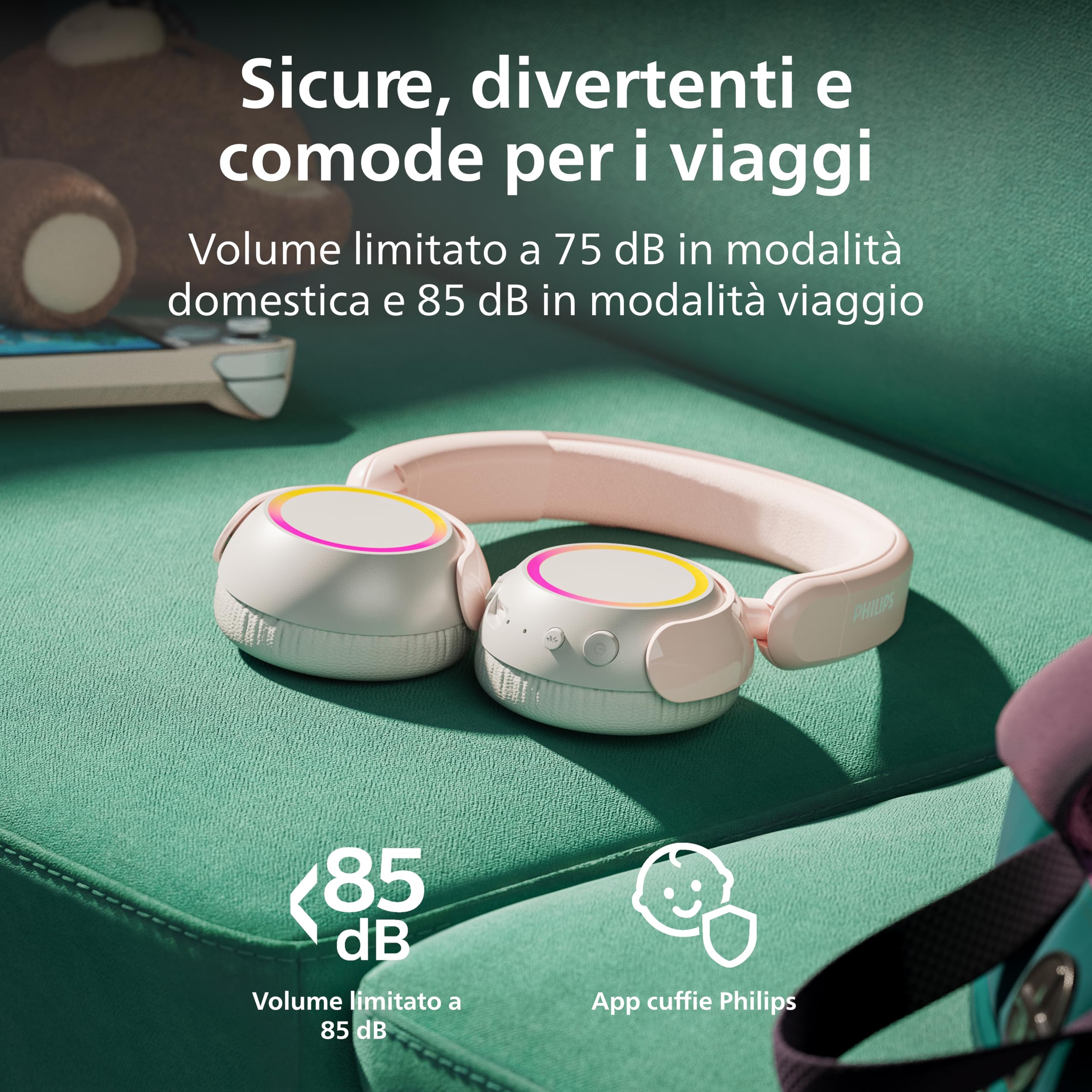 Philips TAK4200PK Serie 4200 Cuffie pieghevoli per bambini on-ear wireless a volume limitato, Condivisione audio, Cavo 3,5mm e USB-C incluso - Rosa