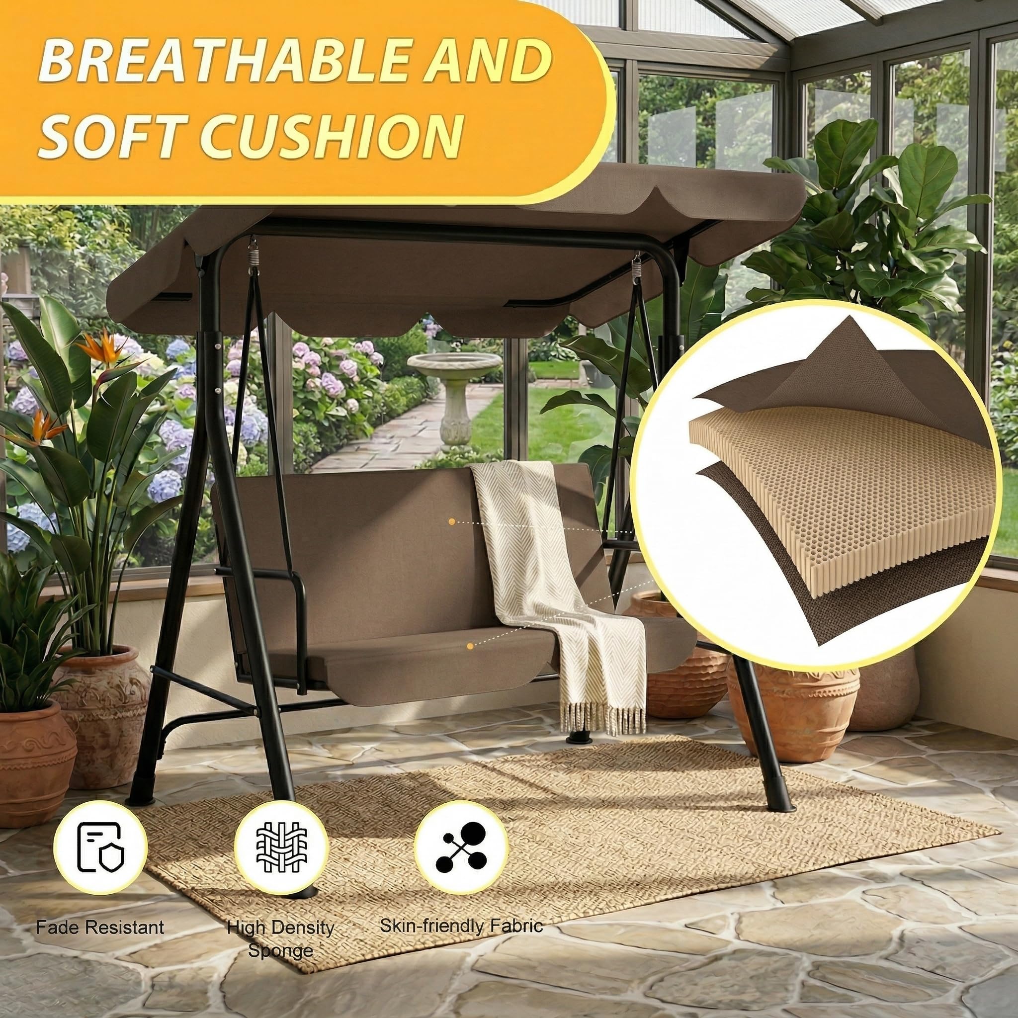 Dondolo a 3 posti, marrone scuro, con tetto regolabile e imbottitura confortevole da 6 cm, telaio in acciaio 200 kg, resistente alle intemperie, per esterni, marrone scuro, 175 x 110 x 152 cm