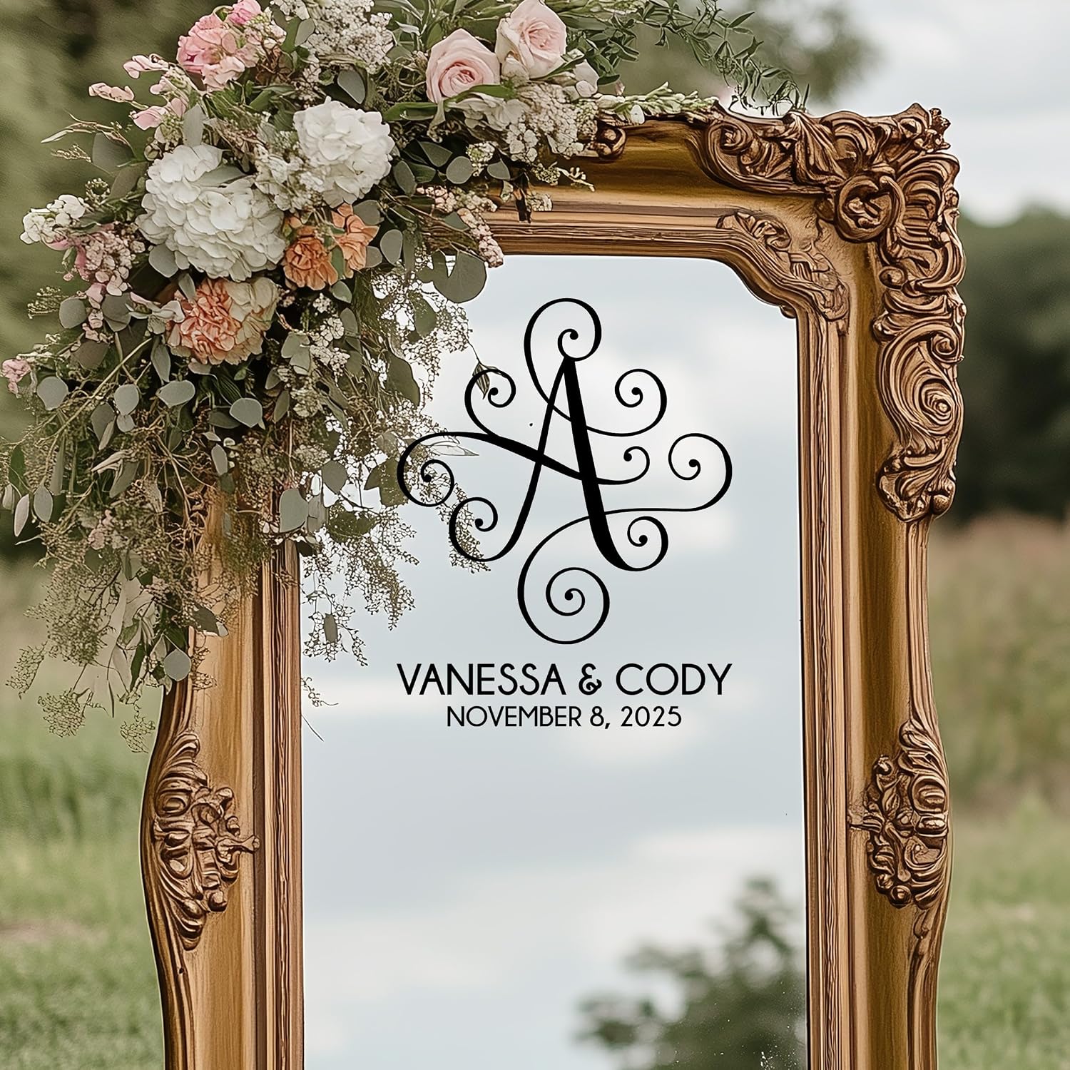 Elegant Scroll Monogram Reception Decor, Personalized Wedding Dance Floor Decal, 30 Colors & Several Sizes