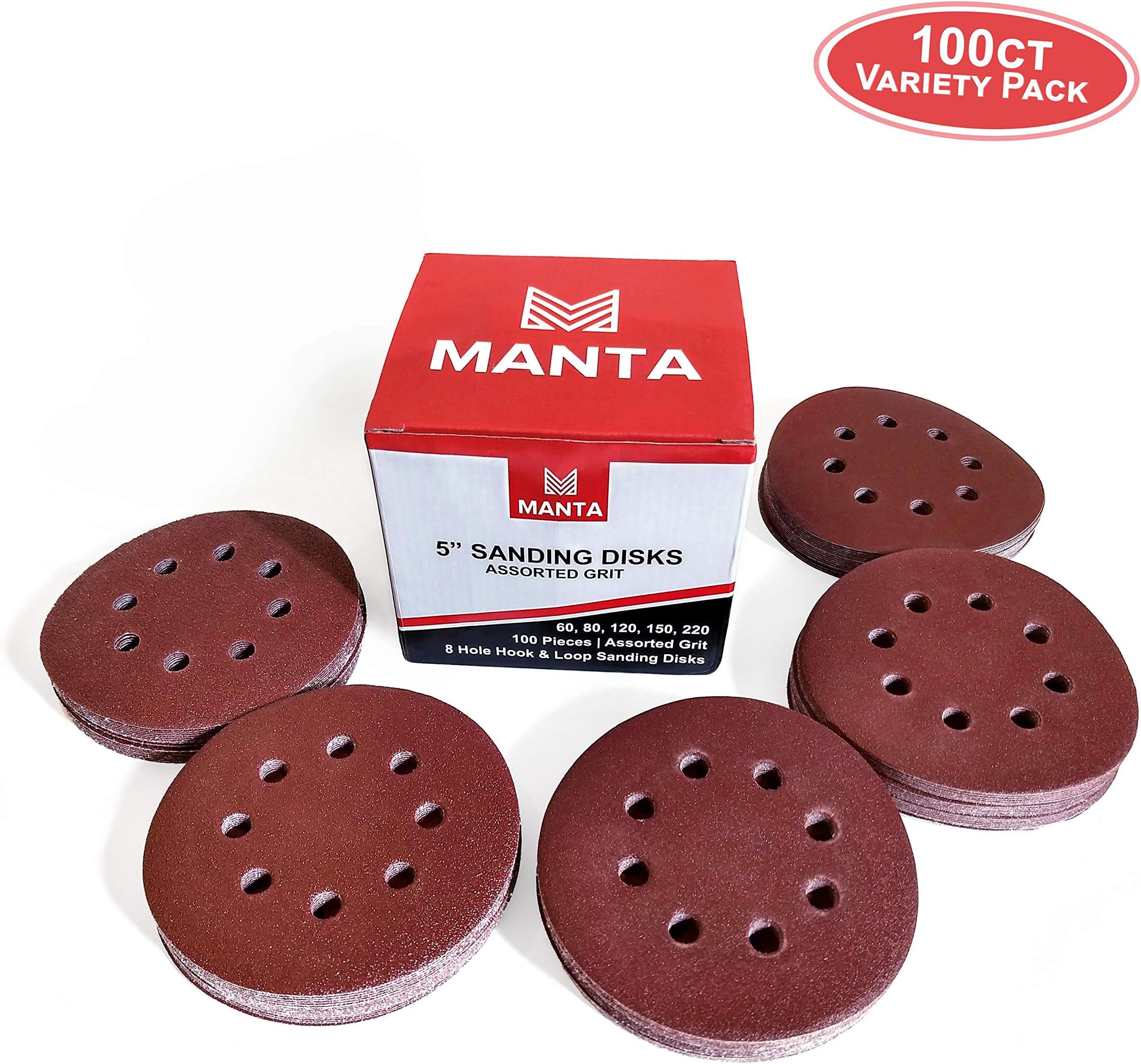 Manta 8-hole 5-in Hook and Loop Sanding Discs for Random Orbit Sanders with 60/80/120/150/220 Grit Assortment - 100ct Multi-Pack