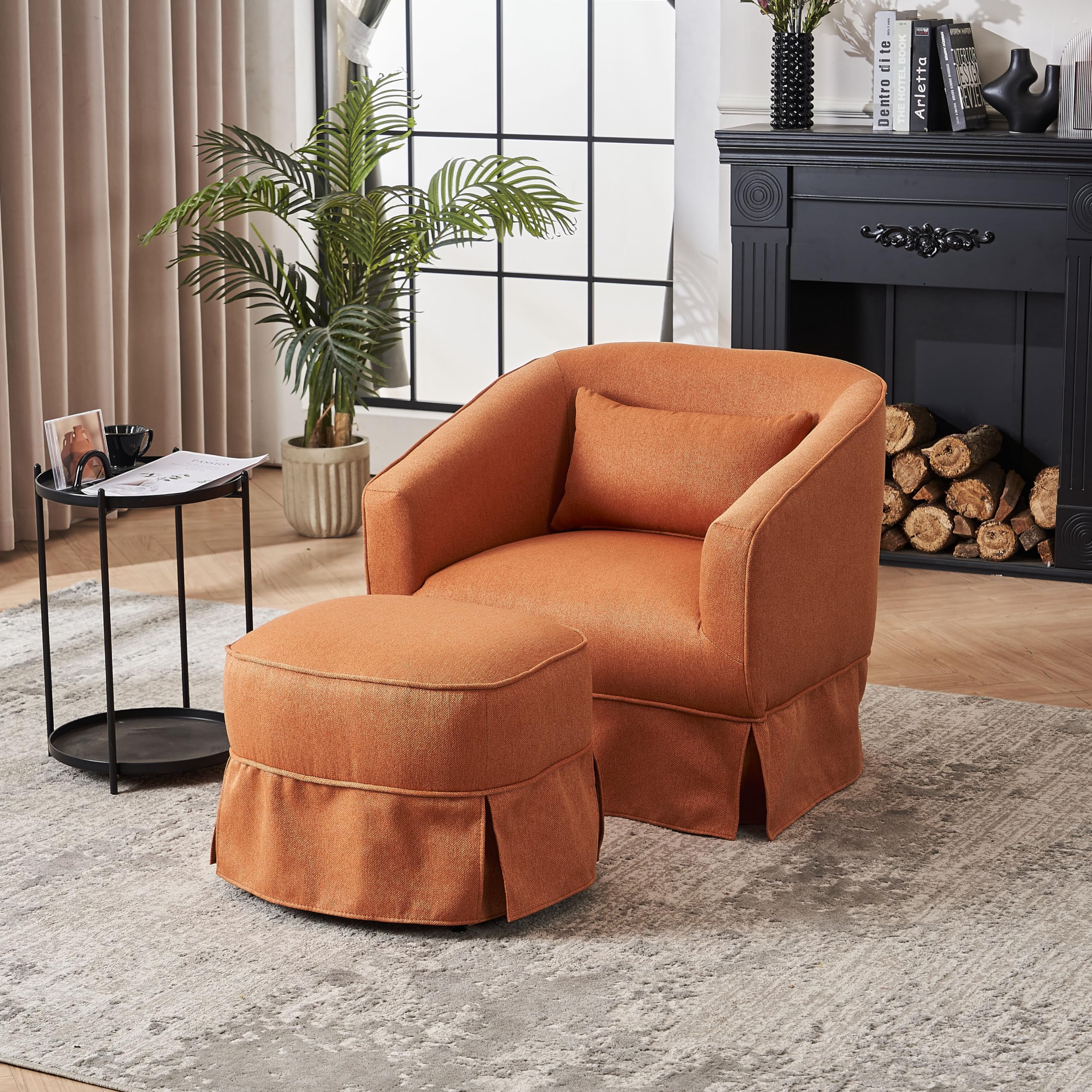 Swivel Barrel Chair with Ottoman, Comfy Round Accent Sofa Chair for Living Room, 360 Degree Swivel accent Chair Armchair, Leisure Reading Chair for Bedroom, Hotel, Office, Lounge (Orange)