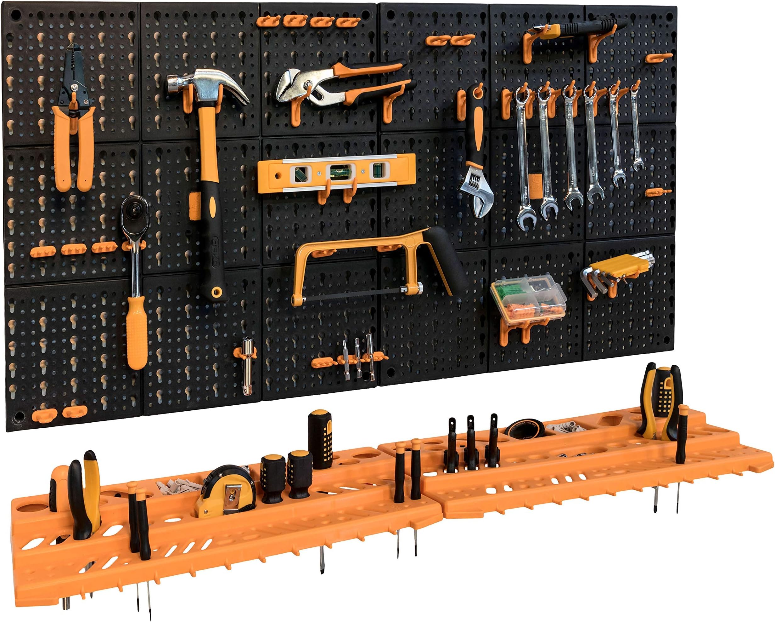 Garage Plastic Tool Rack/Organiser - Wall Mounted with 50 Hooks, Black