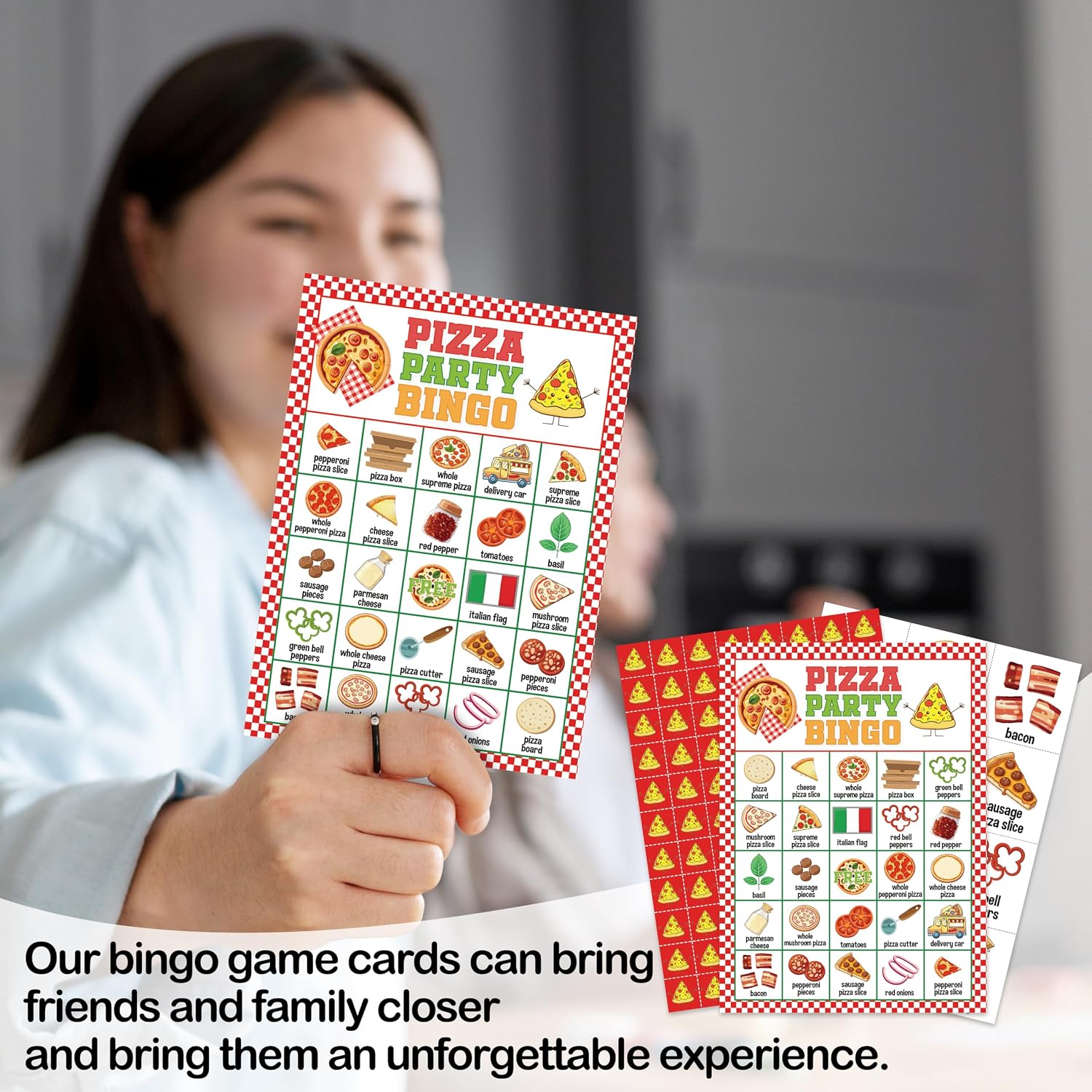 Pizza Party Bingo Game for Adults, Food Theme Bingo Game Set, Pizza Party Time Bingo Cards, Pizza Games Bingo Favors for Family Friends, Large Multiplayer Group Game Decor & Supplies -18 image 4