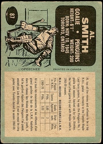 Miniatura 2 de 1970 O-Pee-Chee Regular (Hockey) card#87 Al Smith of the Pittsburgh Penguins Grade Good