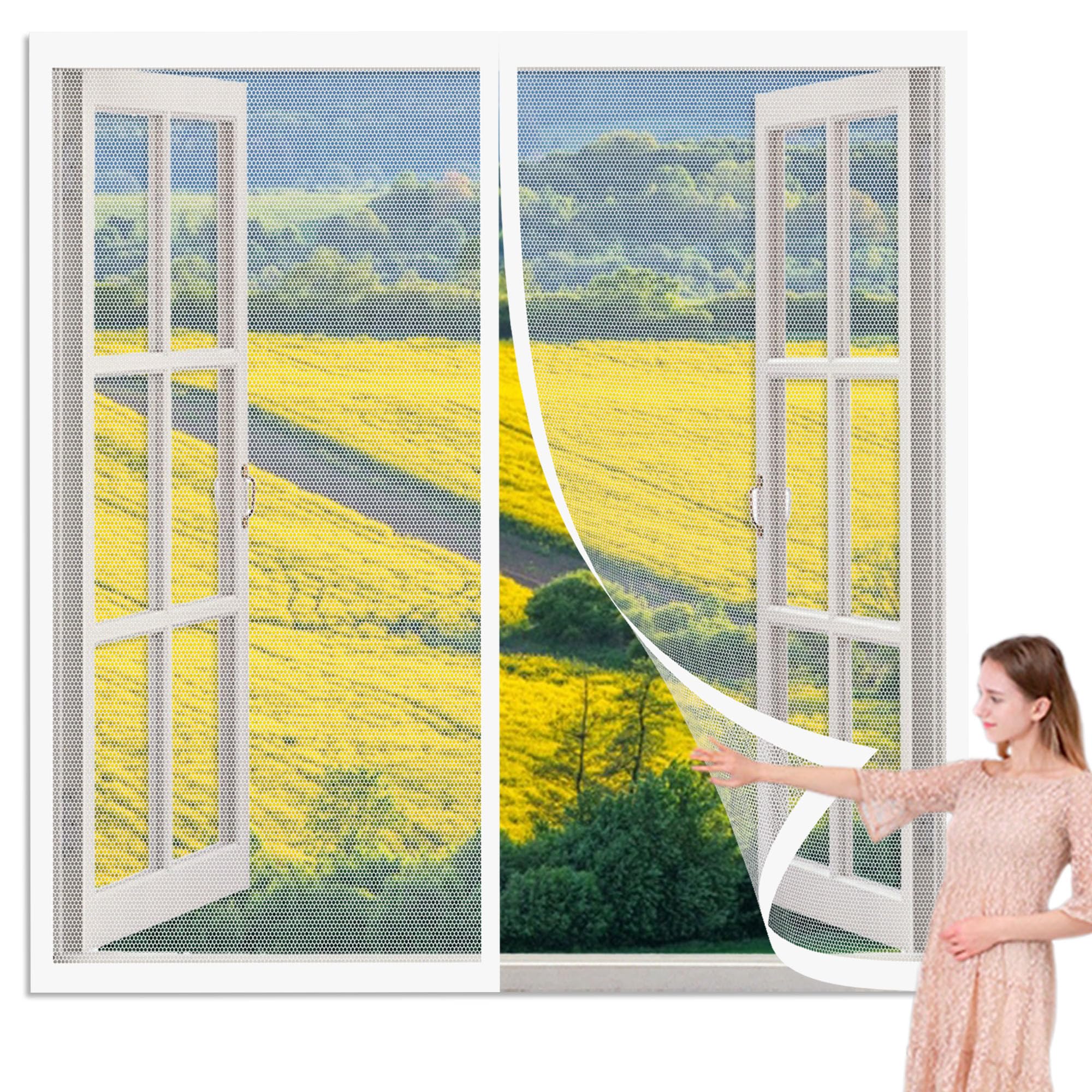 Magnetic Window Screen 145 x 170 cm Selfadhesive Tape Mosquito Net Window Without Drilling Or Screwing with Self Adhesive Tape for Windows Doors and Patio Screens, White