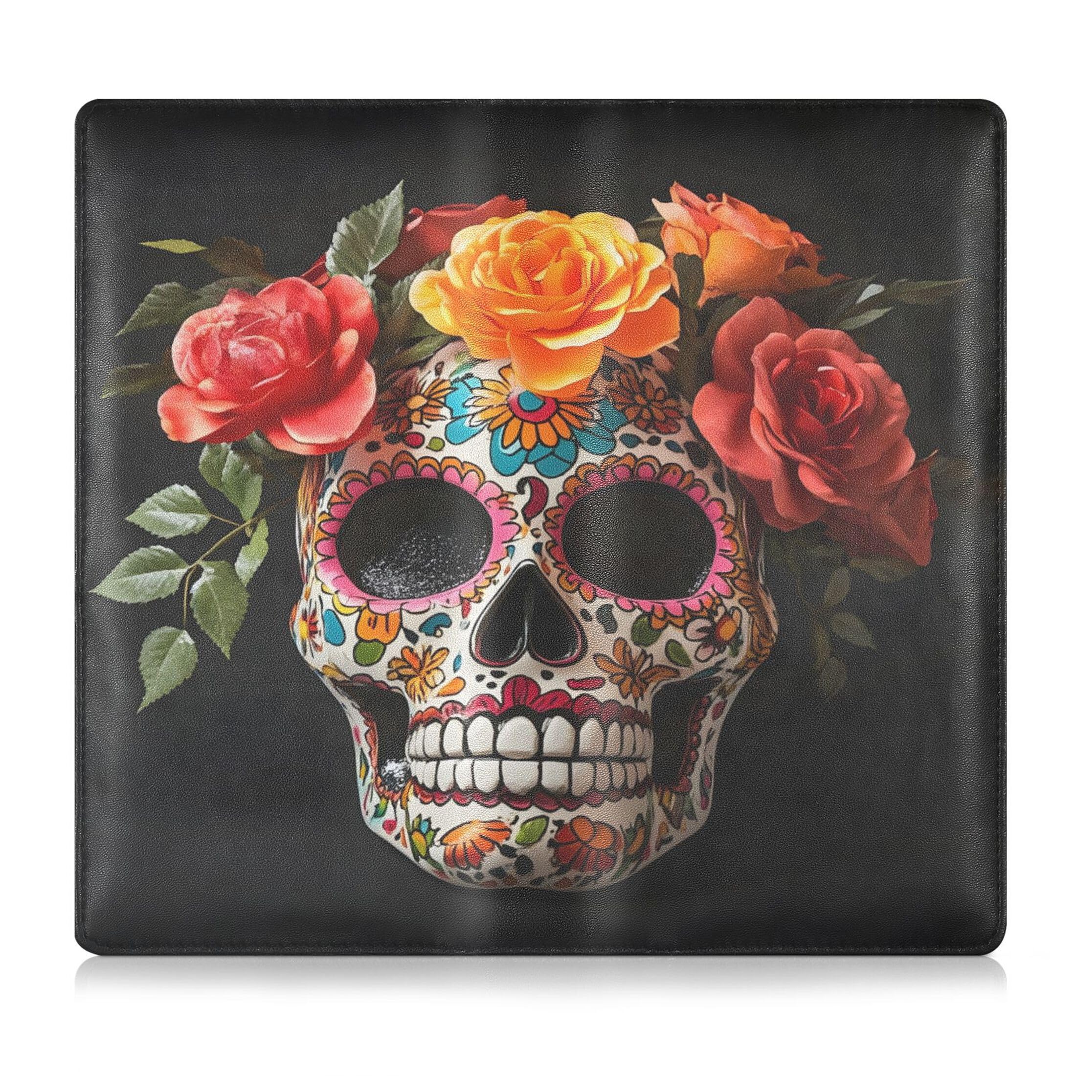 Takiito Car Registration and Insurance Card Holder, Skull with Colorful Floral PU Leather Glove Box Organizers for Cards Driving Licence Documents, Vehicle Accessories