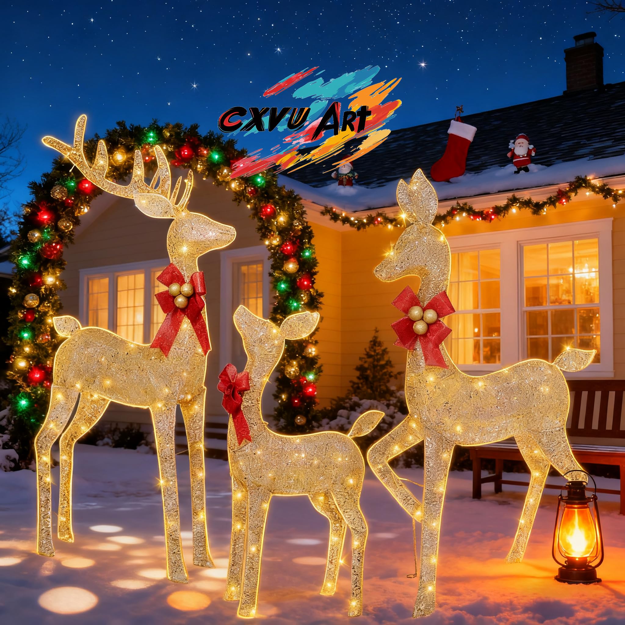 Decoración navideña de renos para patio, 3 piezas de familia de renos iluminados para decoración de Navidad al aire libre, patio, ciervos de Navidad iluminados, decoraciones navideñas al aire