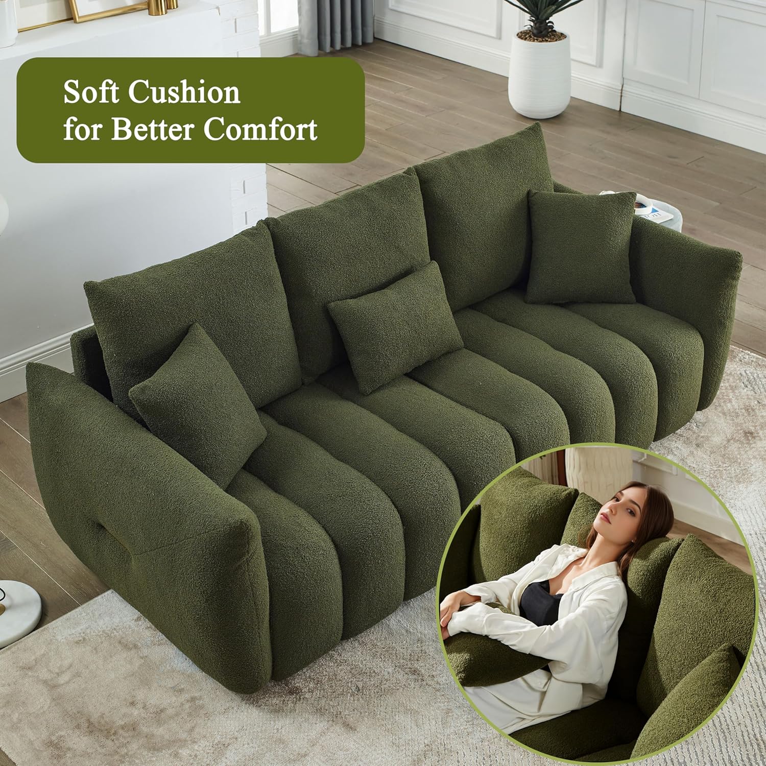 82" Boucle Cloud Sofa Couch, Comfy Upholstered Sherpa Deep Seat Boucle Sofa, Cozy Modern 3 Seater Couch with 3 Pillows, Oversized Loveseat for Living Room Apartment Office-Olive Green
