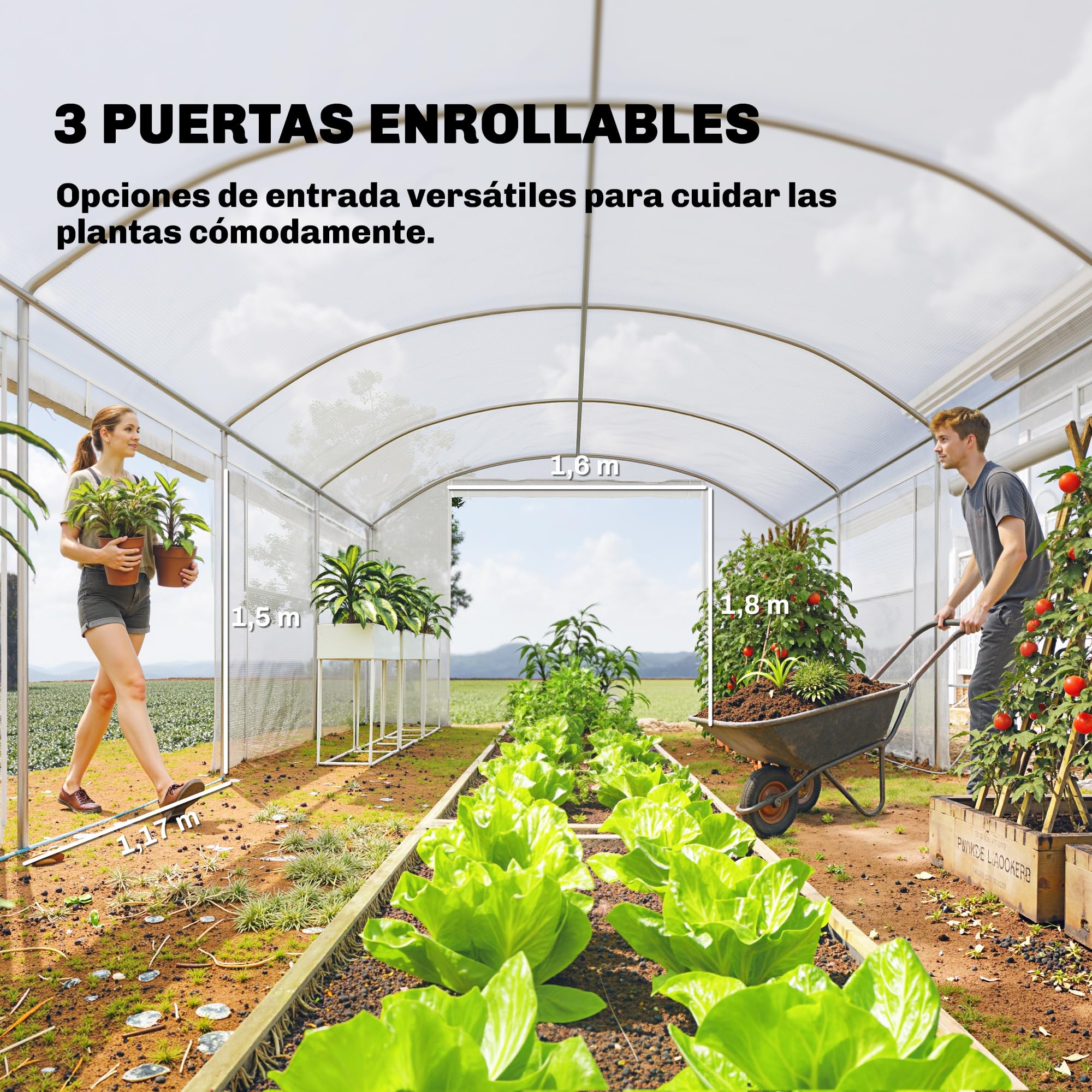 Outsunny Serre d'extérieur 6 x 3 x 2 m, Serre Tunnel avec 3 Portes enroulables, fenêtres en Filet, Couverture PE 140 g/m² Anti-UV et Cadre en Acier galvanisé, pour Cultures, Plantes, Blanc