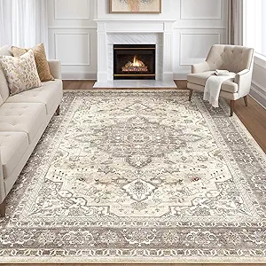 9x12 Area Rug Living Room: Washable Boho Large Neutral Vintage Soft Rugs Stain Resistant Farmhouse Non Slip Indoor Floor Carpet for Bedroom Nursery Kids Playroom Office Dining Room Home Decor- Brown