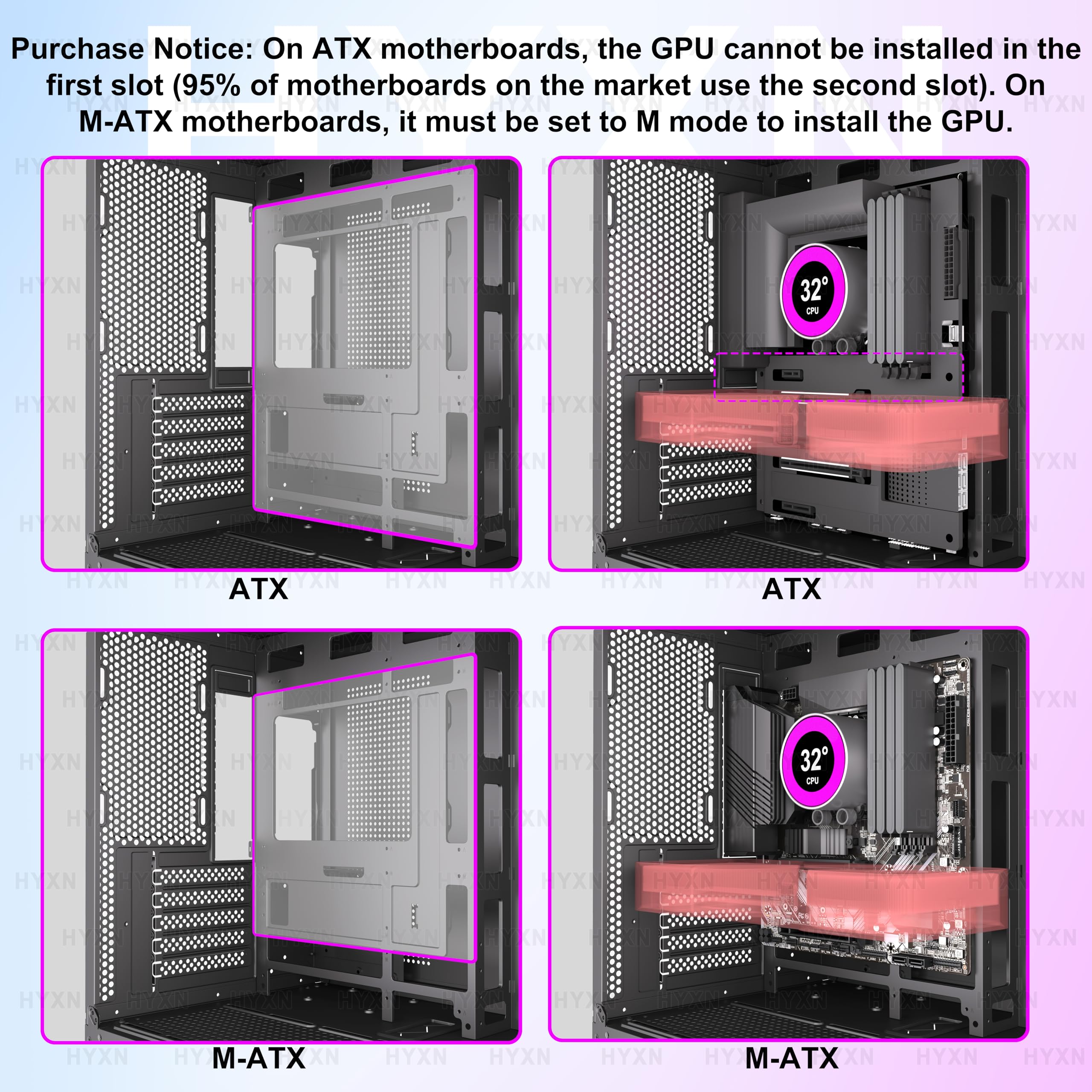 HYXN H3 ATX PC Case - Pre-Installed with 3 ARGB Fans - Compact Dual Cavity Mid-Tower Gaming PC Case,360mm Radiator Support - with Type-C 3.2 (Black-R) - 2