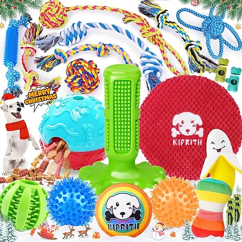 KIPRITII 25 Pack Various Puppy Dog Toys for Teething, Entertainment & Interaction, Puppy Chew Toys Pack with Rope Toy, Treat Balls and Dog Squeaky Toys for Puppies & Small Dogs