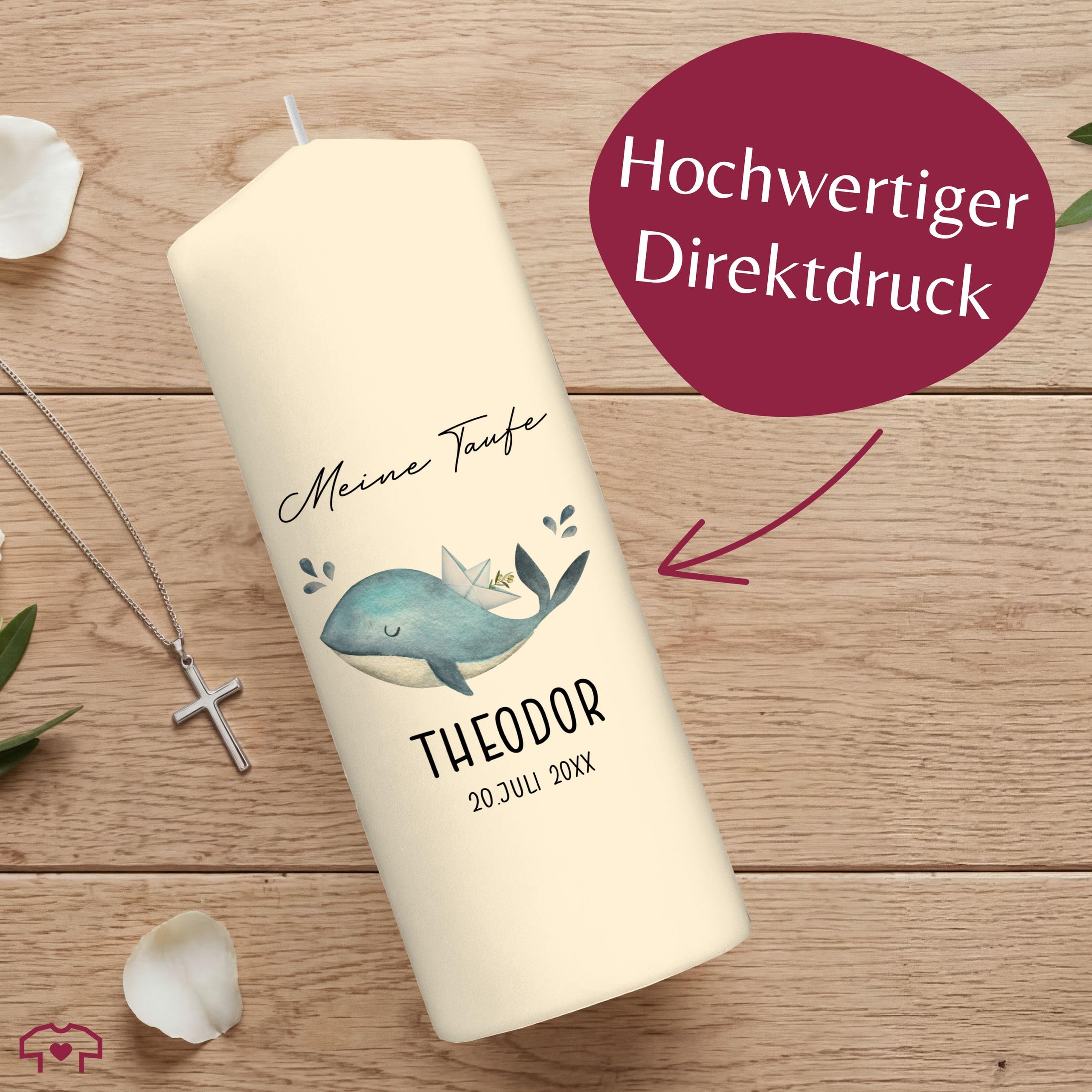 Taufkerze - Wal zur Taufe mit Daten - personalisierte Taufgeschenke für Mädchen und Jungen - 230/78 mm - Elfenbein