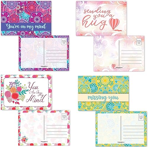 Stonehouse Collection Surtido de postales con texto en inglés "Keep In Touch" - 4 diseños divertidos con texto en inglés "Think of You" - Tarjetas