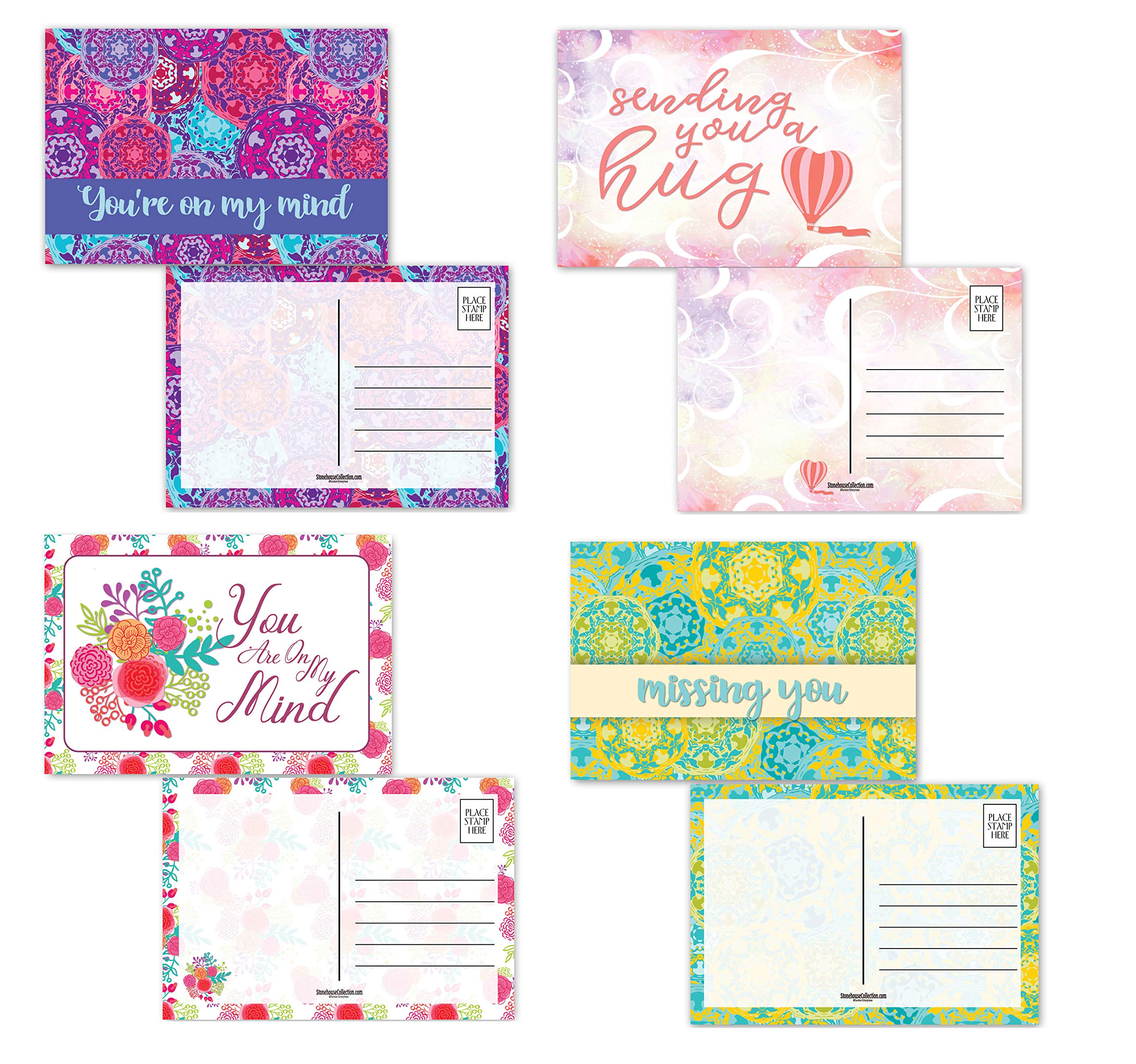 Stonehouse Collection Assorted Keep In Touch Postcards - 4 Fun Designs Think of You- 4" x 6" Friendship Postcards - Made In USA (Miss You Variety #2)