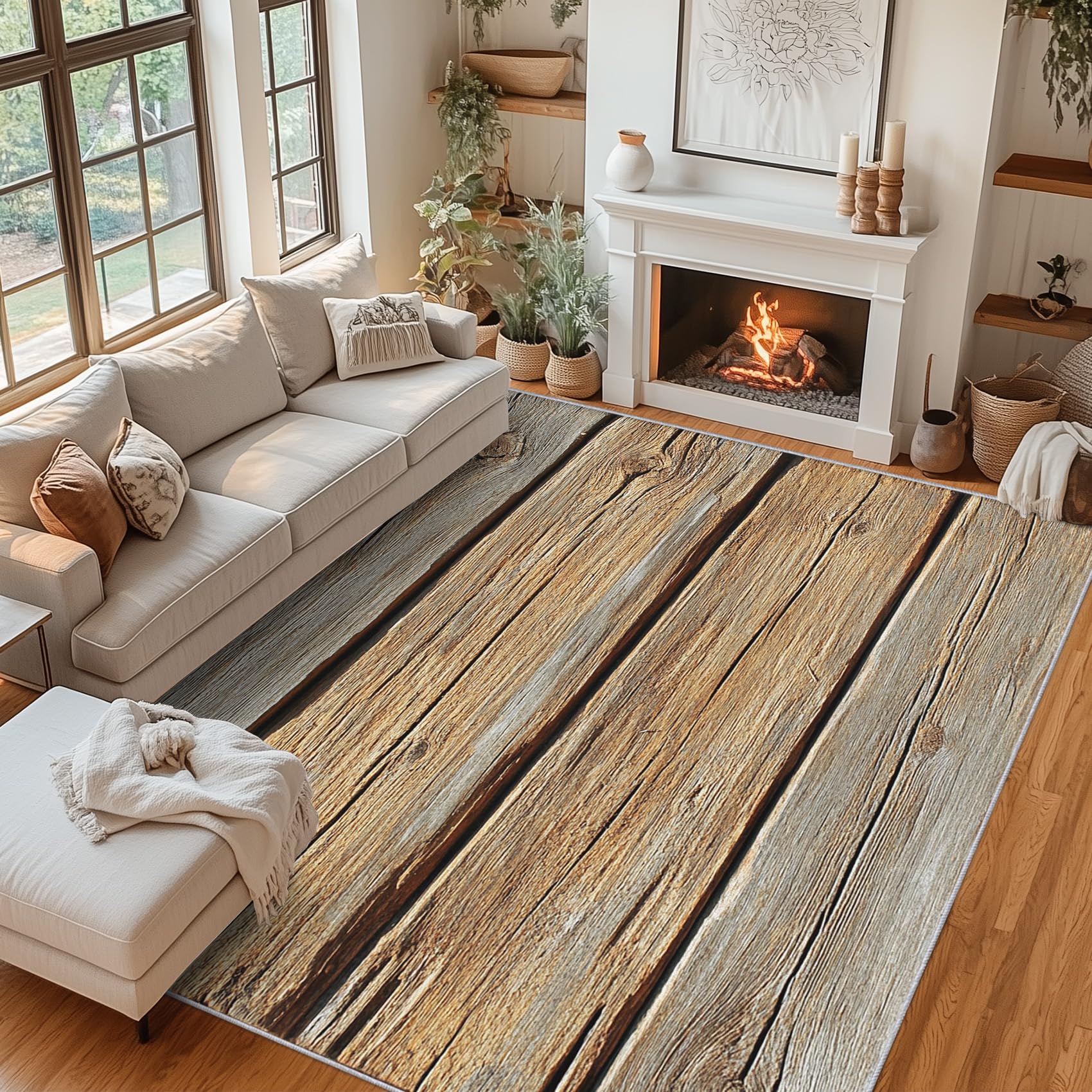 Generisch Holzoptik Teppich Wohnzimmer Schlafzimmer, Kurzflor rutschfest Rustikale Holzplanke Deko Teppich, Weich Waschbare Teppiche Gegend, 100x150 cm QAZ43