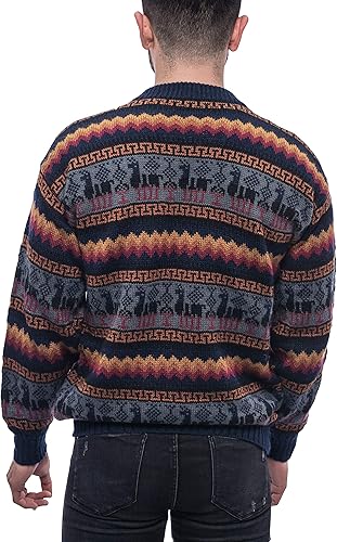 Miniatura 4 de Gamboa Suéter de alpaca hecho a mano con cuello redondo - Azul océano con Llamitas y diseño geométrico