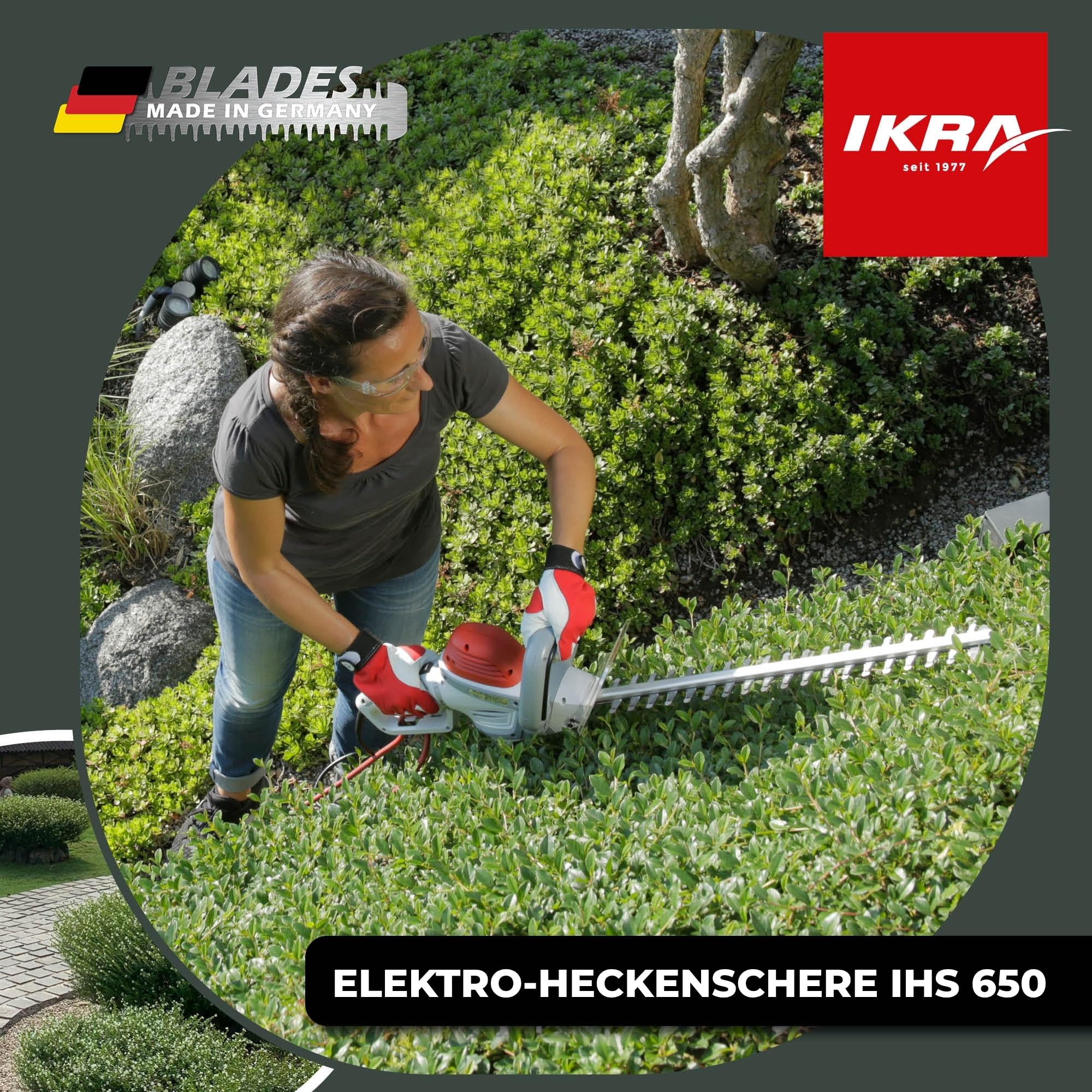 IKRA Elektro Heckenschere IHS 650, Schnittlänge 55cm, inkl. Pflegespray | Leistung 650 Watt, Schnittstärke 22mm, hohe Schnittleistung & geringe Vibration, 180° Drehgriff, Messer Made in Germany