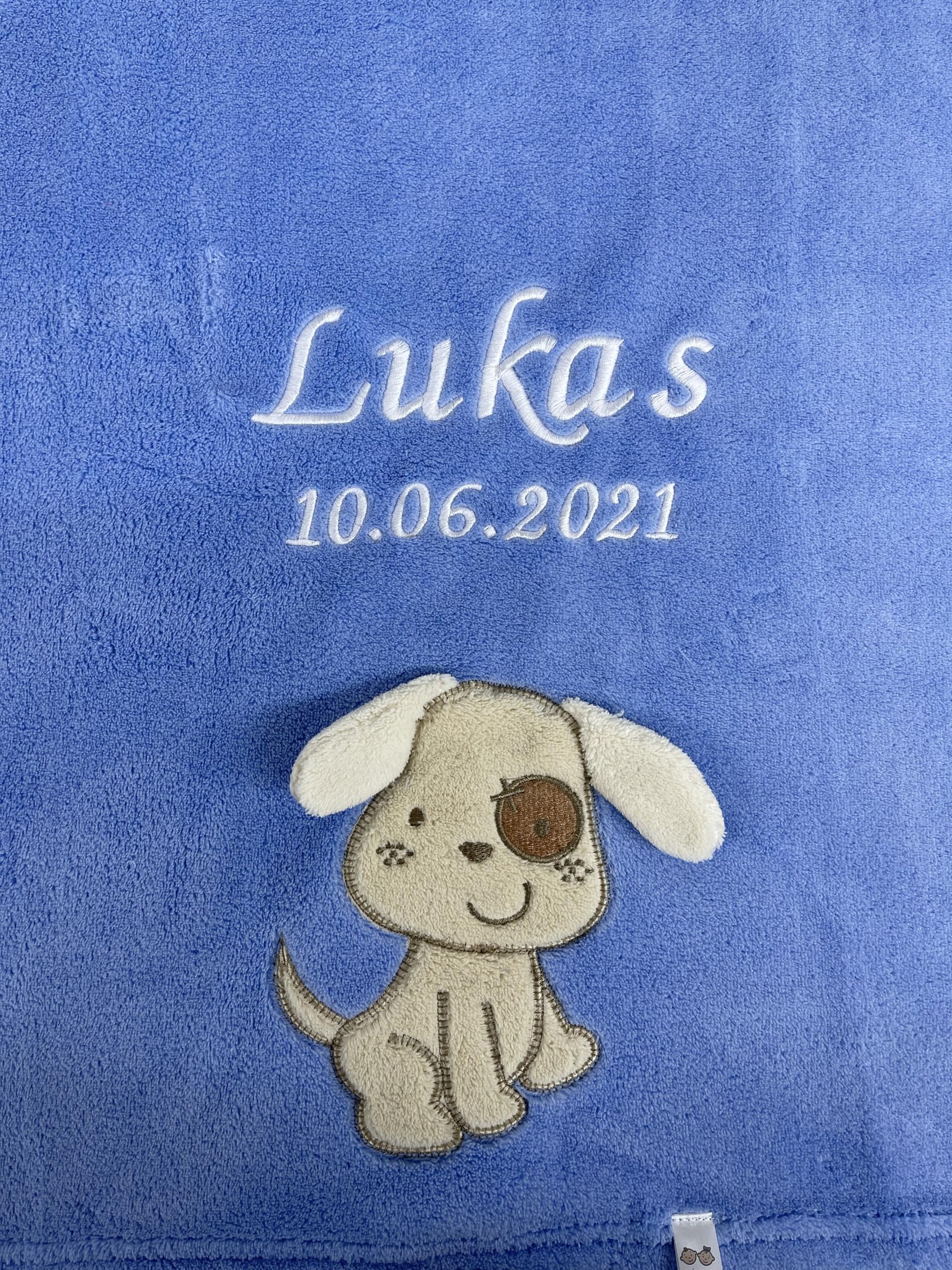 KIDDI-MEDIA Babydecke mit Name und Geburtsdatum Bestickt/kuschelig weich / 1A Qualität (Azurblau - Hund)