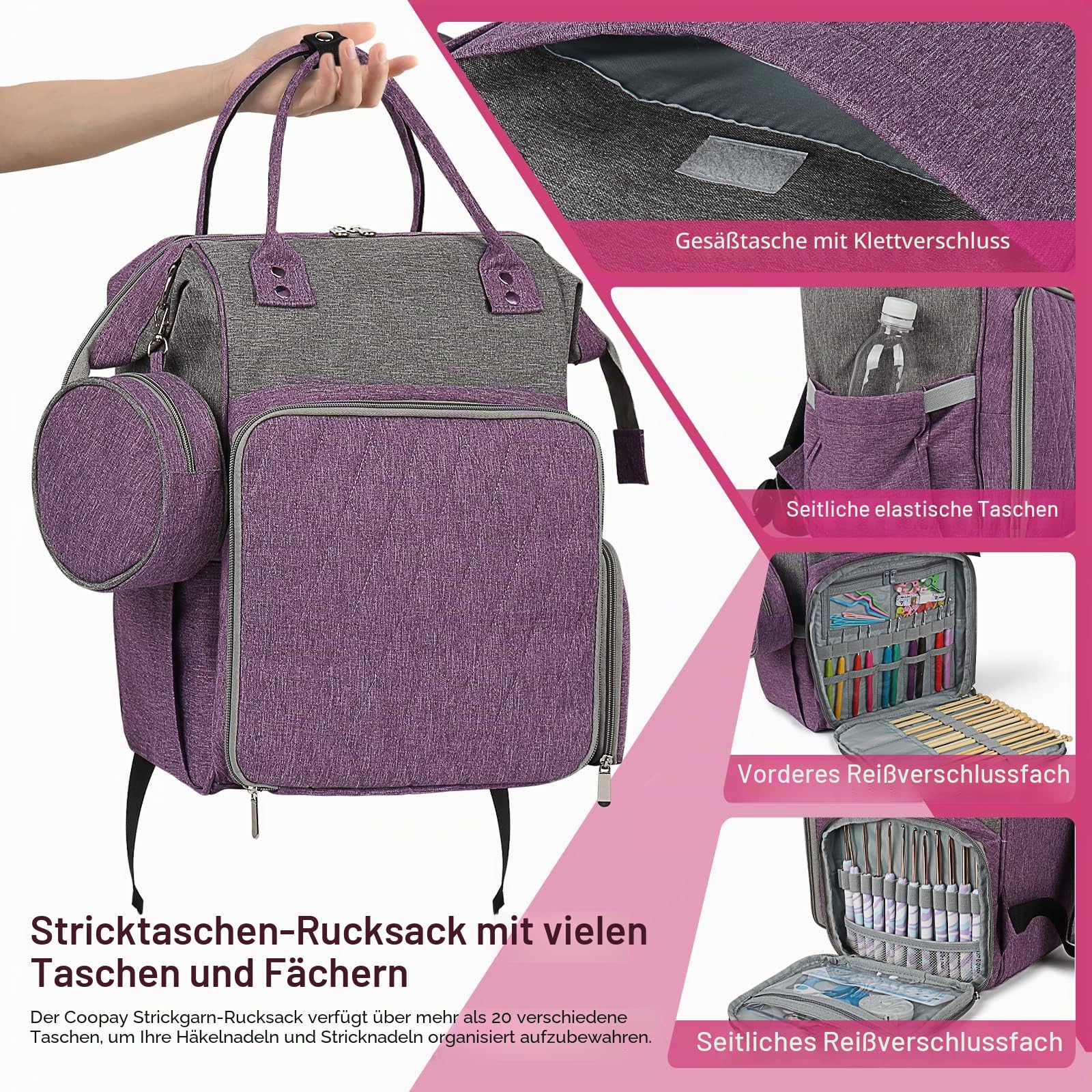 Coopay Multifunktion Stricktasche Rucksack, Reise Häkeltasche mit 6 Garnösen, Große Garnaufbewahrung Tasche für unfertige Projekte, Häkelnadel, Stricknadeln, Wolle, Strick- und Häkelzubehör, Grau Lila