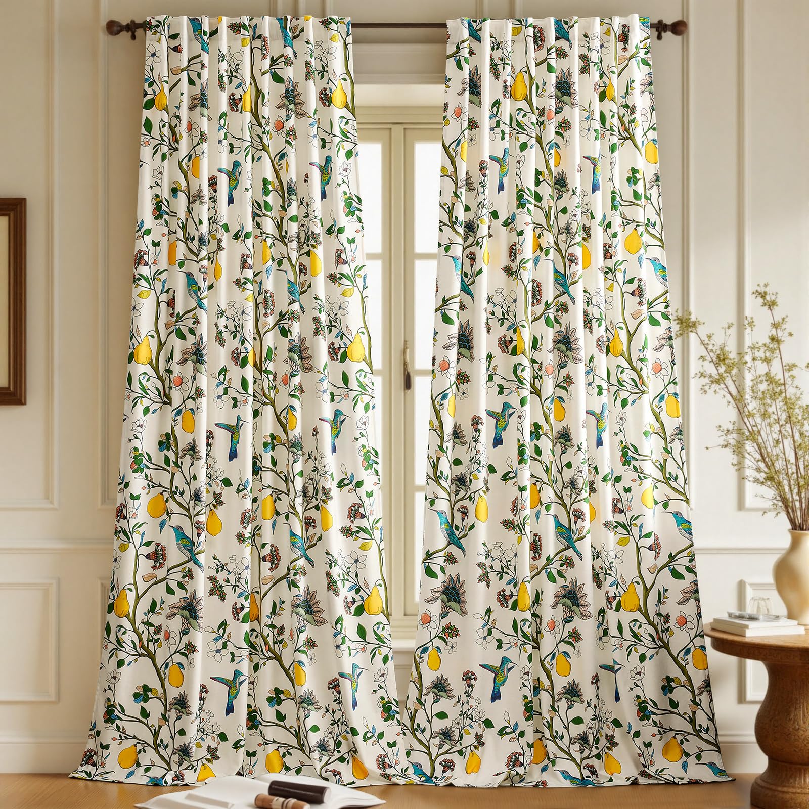 Rideaux occultants à œillets velours blanc motif colibri fleur de citron 228x228