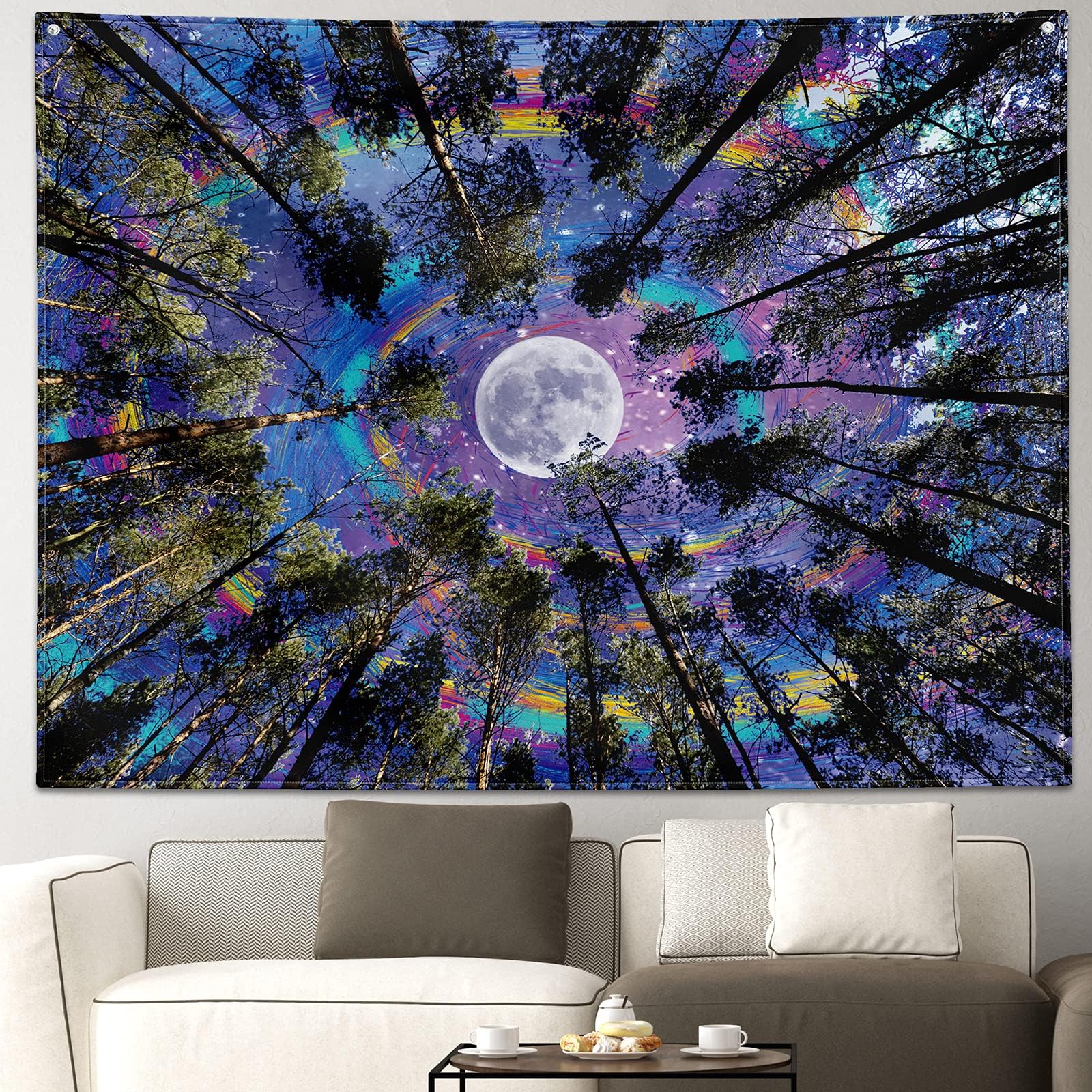 Q-BAO Trippy Tapestry Psychedelic Moon Forest Tree Colorful Starry Night Galaxy Sky Wall Hanging for Bedroom Aesthetic Ceiling Living Room Dorm Indie Decor 81''Wx61''L, Large,Trippy
