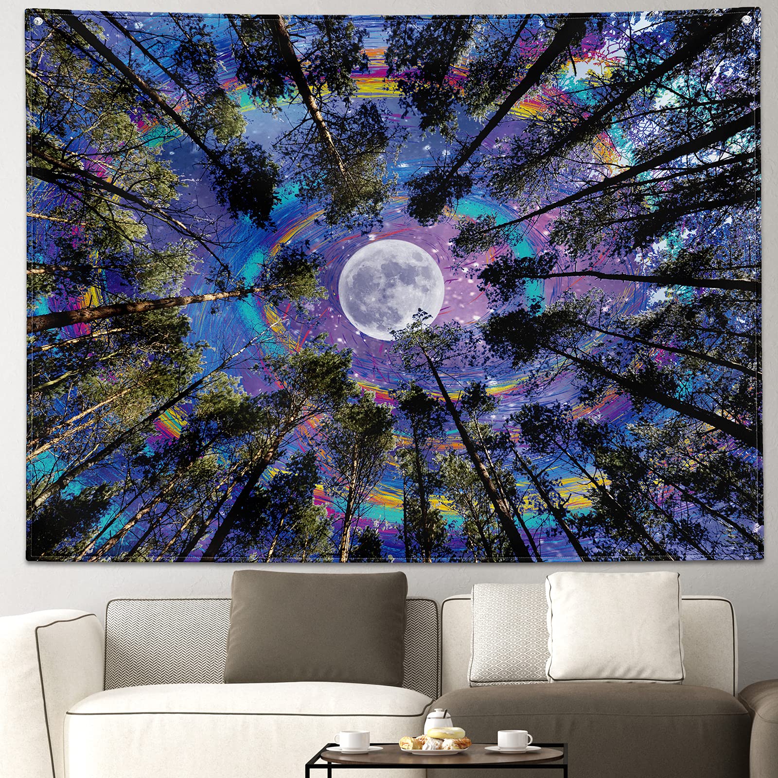 Q-BAO Trippy Tapestry Psychedelic Moon Forest Tree Colorful Starry Night Galaxy Sky Wall Hanging for Bedroom Aesthetic Ceiling Living Room Dorm Indie Decor 81''Wx61''L, Large,Trippy