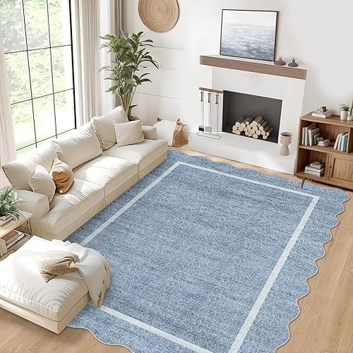 GlowSol 8x10 Scalloped Rugs for Living Room Bedroom Washable Rugs Geometric Solid Accent Carpet Non-Slip Non-Shed Neutral Rug Stain-Resistant Low Pile Rug for Farmhouse Dining Room Nursery, Blue