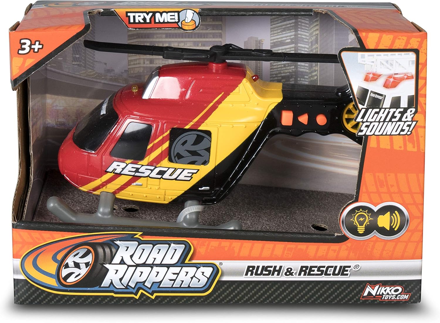 Nikko Road Rippers 20135 Rush & Rescue Rescue Helicopter with Headlights and Flight Sounds, Helicopter with Light and Sound Effects, Includes Batteries, for Children from 3 Years, Approx. 13 cm