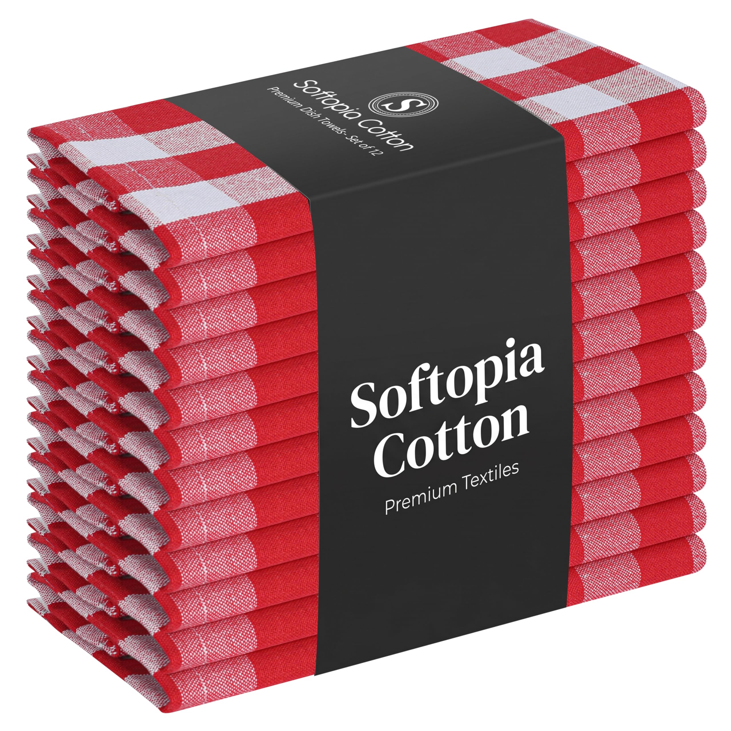 Gingham Check Dish Towels 12 Pack, 18"x26", Absorbent Hand Towels for Kitchen Use, Quick Dry Cloths, 100% Cotton, Durable Washable Rags, Reusable Dishcloth Set - Red, White
