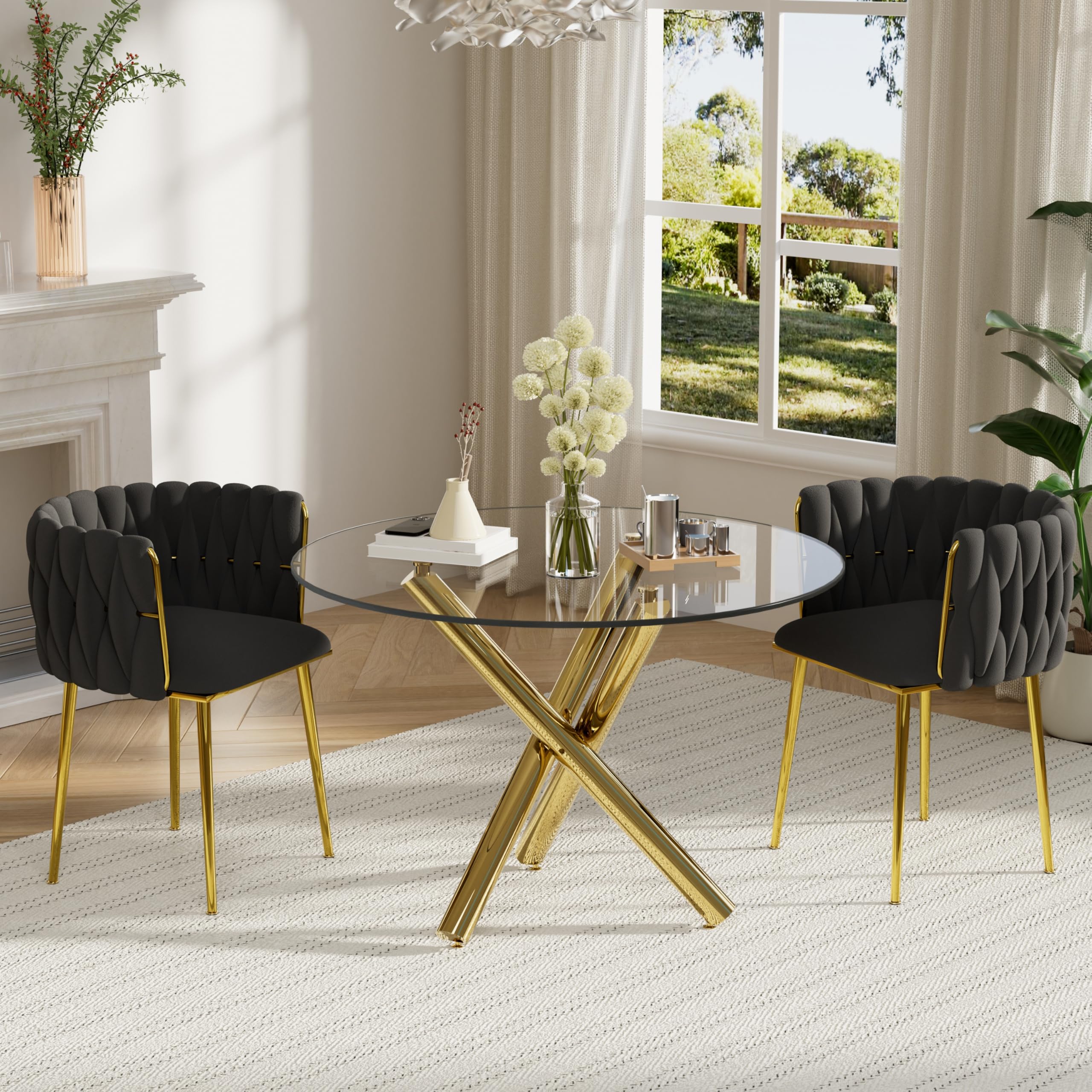 HAIZAO Modern Golden Round Dining Table Set, 36'' Clear Circle Glass Top Dinner Room Set, 3 PCS Luxury Circular Kitchen Table and Black Woven Chairs