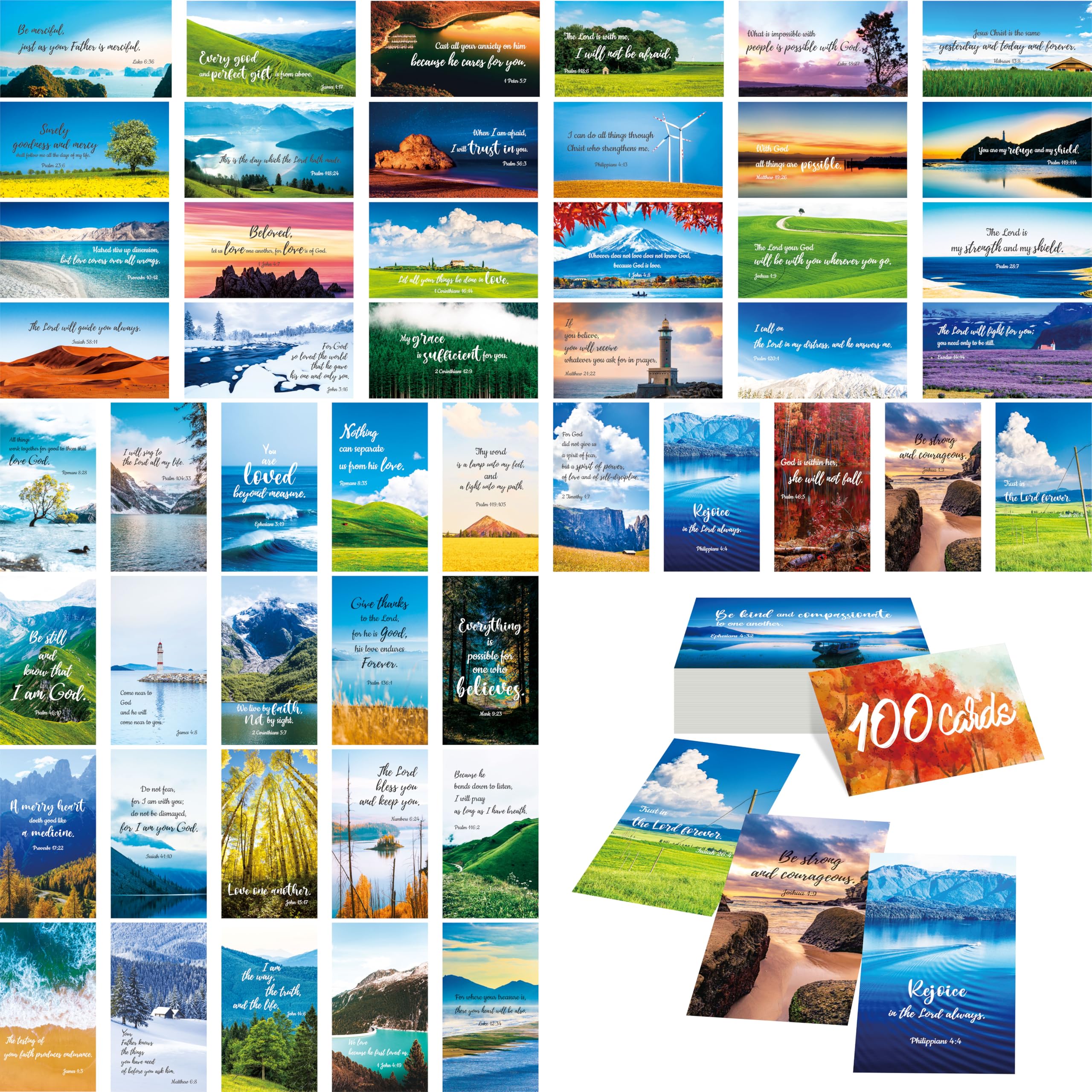 Gethelud 100 PCS Bible Verse Cards, 50 Delicate Designs Mini Prayer Cards with Beautiful Scenery Motivational Inspirational Quote Cards for Religious