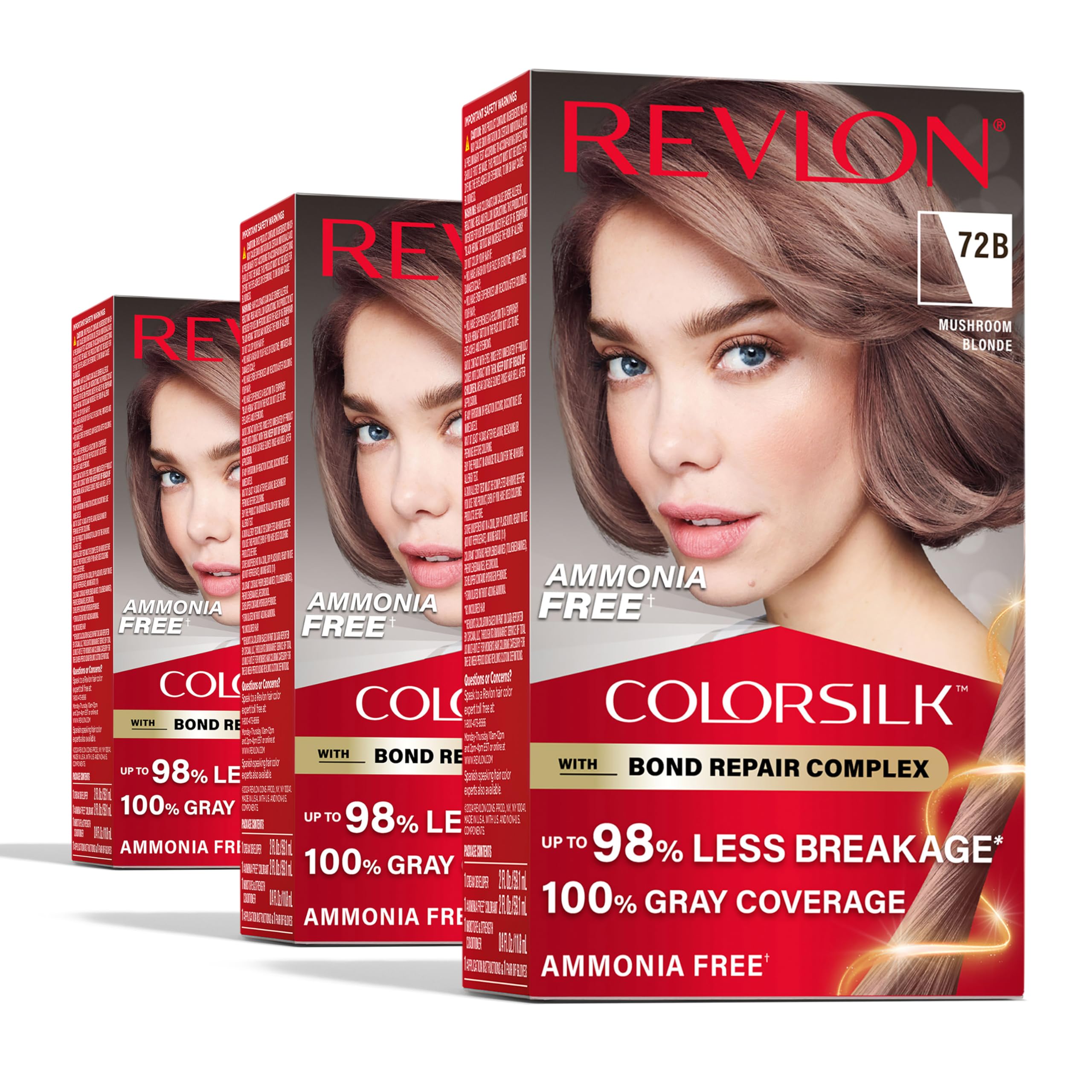 Revlon ColorSilk with Bond Repair Complex, Blonde Permanent Hair Color, 100% Gray Coverage, Ammonia Free Hair Dye, Vegan Keratin, 72B Mushroom Blonde (Pack of 3)