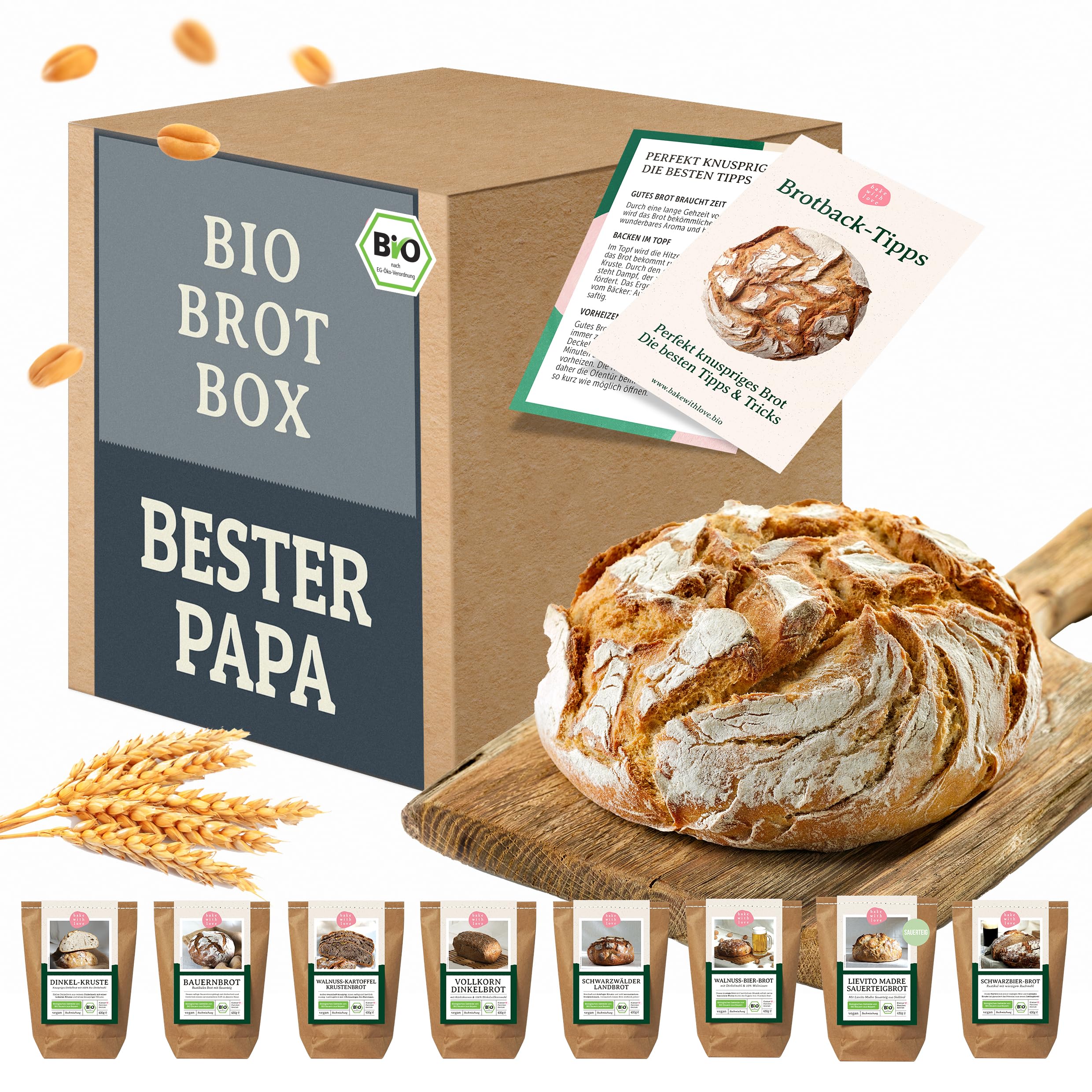 Bake with Love Pudełko na próbę chleba ekologicznego "Bester Papa der Welt", prezent dla taty, Boże Narodzenie, kosz prezentowy dla najlepszego taty, wypełniony 8 mieszankami do pieczenia chleba,