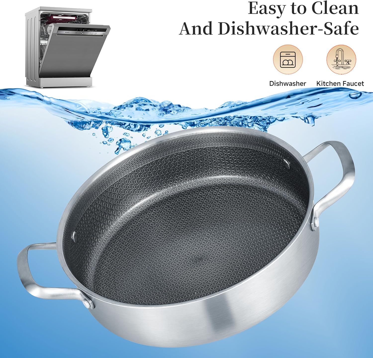 Inqibee 7 QT Hybrid Nonstick Saute Pan with Lid, Tri-Ply Stainless Steel 12 Inch Deep Frying Pan Cookware, Induction Compatible, All Cooktops, Oven & Dishwasher Safe