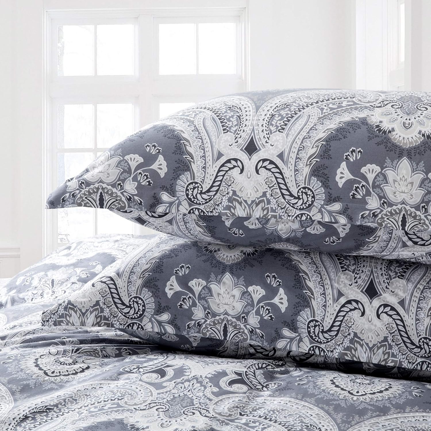 Moroccan Paisley Duvet Cover 3pc Set Bohemian Bedding Boteh Damask Medallion 400TC Egyptian Cotton Sateen Luxury Ombre Style Bed Linen (Oxford Grey, Super King)