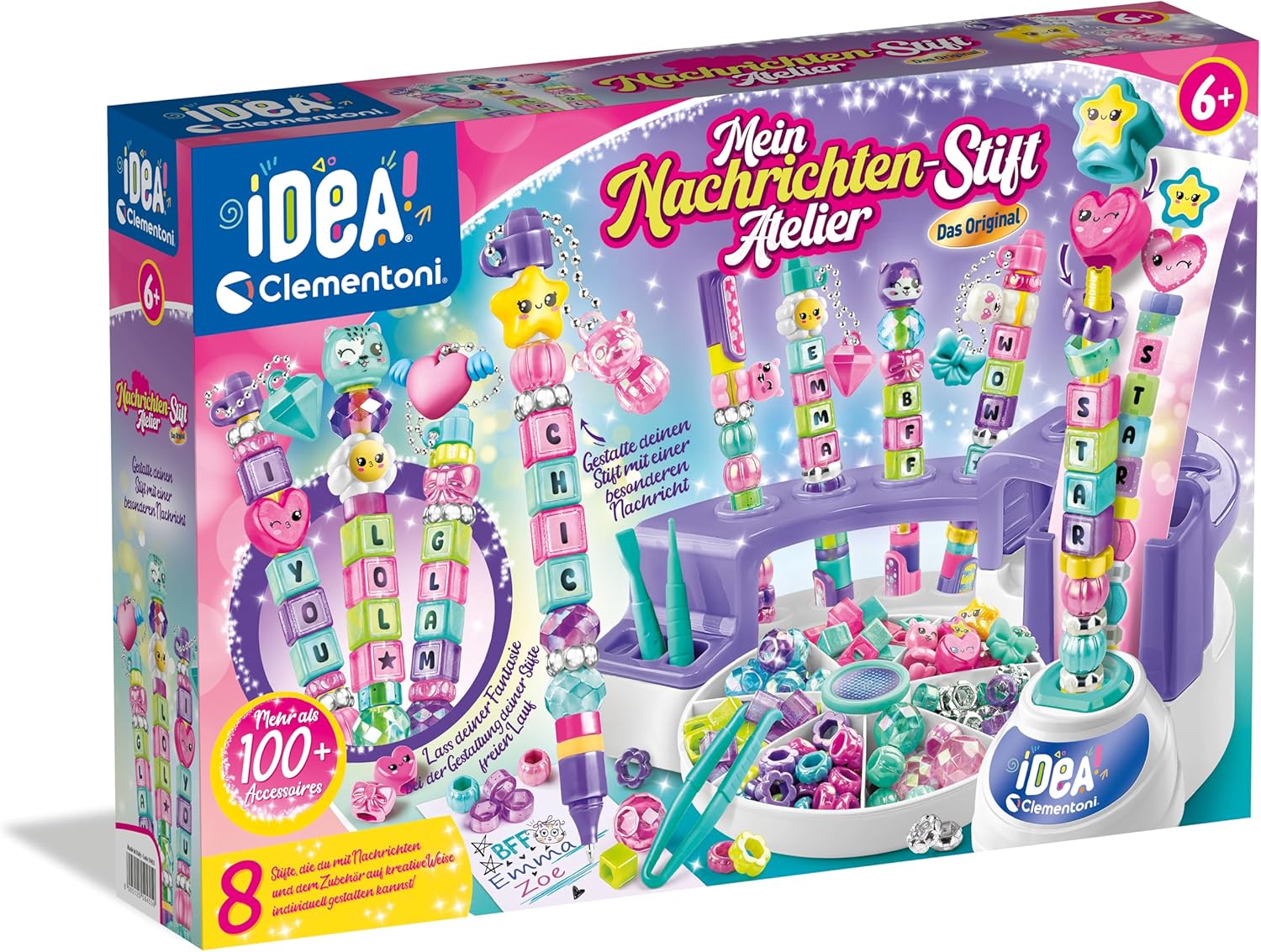 Clementoni Idea Message Pen Atelier - Pen Craft Set with Letters, Beads, Stickers & More - Personalised Pen, Gift Set for Children from 6 Years, 59455