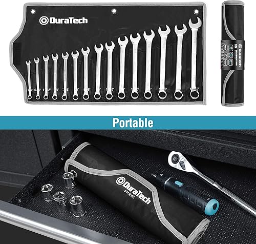 Miniatura 8 de DURATECH Juego de llaves combinadas de 15 piezas, 14 pulgadas a 1-116 pulgadas y 5 piezas de llaves combinadas de patrón largo, 1" a 1-14", CRV, con