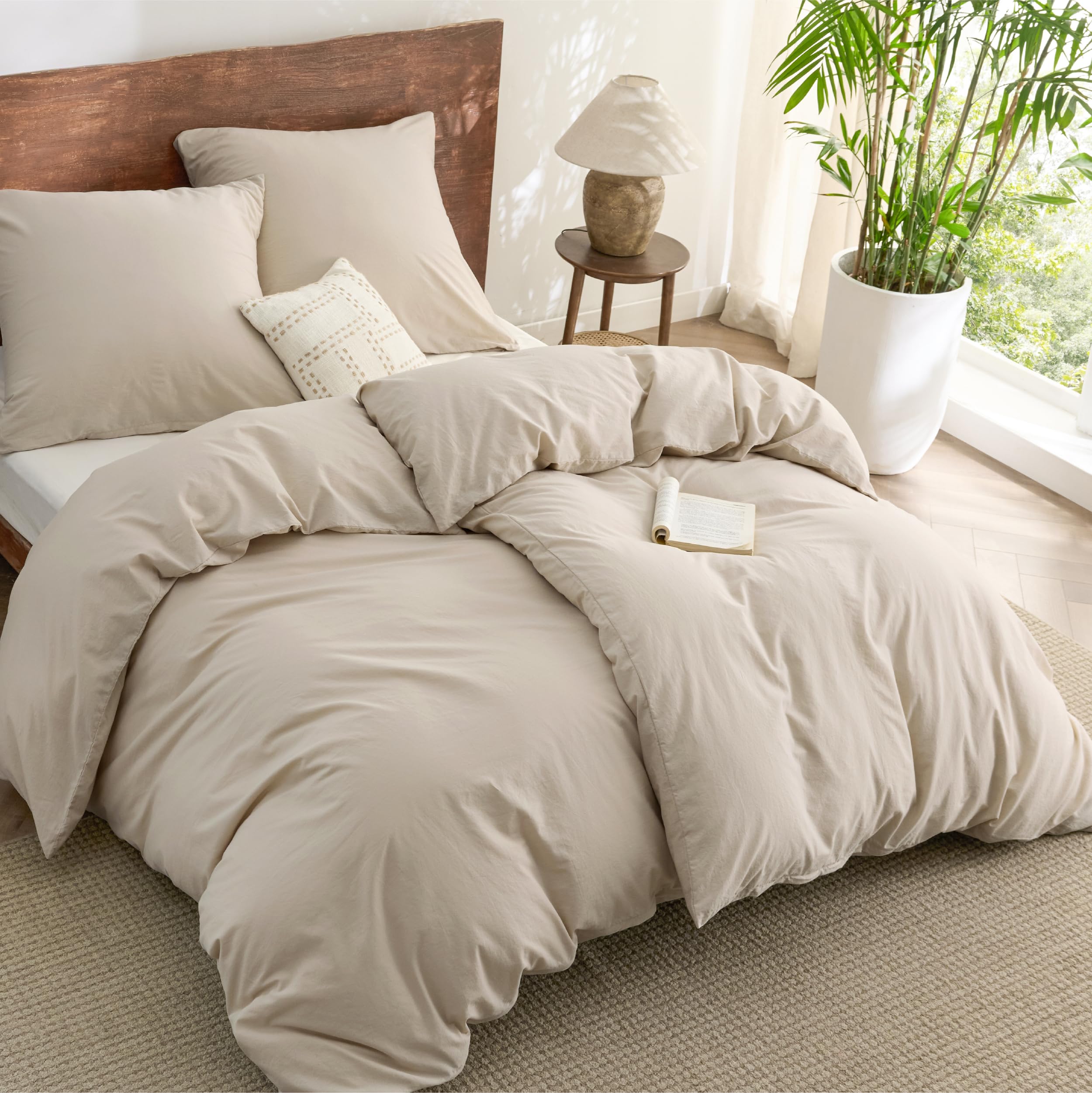 BEDSURE Ropa de cama de 135 x 200 cm, algodón de 4 piezas, juego de ropa de cama de verano, color beis, juego de 2 unidades con 2 fundas de almohada de 80 x 80 cm, textura similar al lino lavado