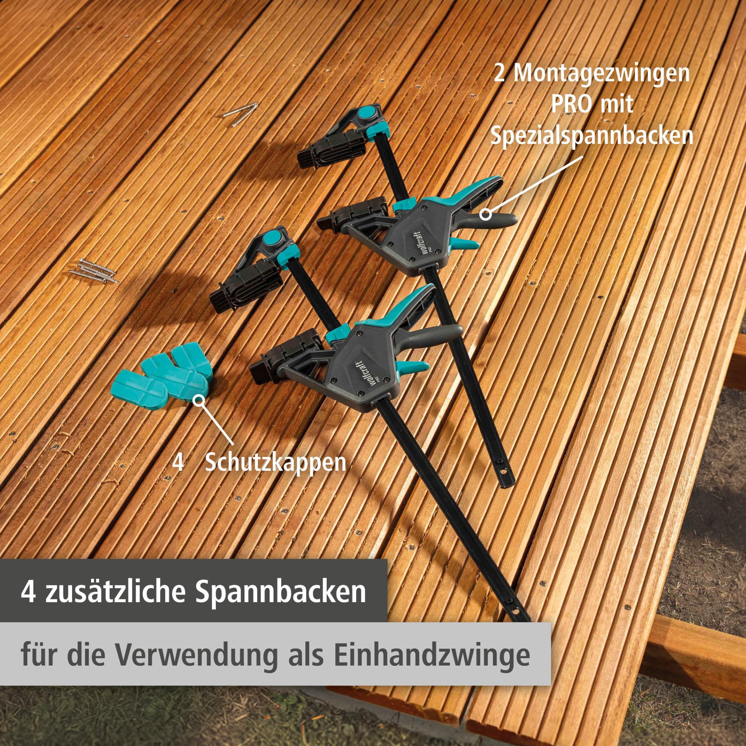 wolfcraft 2 Montagezwingen PRO - Zum passgenauen Ausrichten und Fixieren von Terrassendielen vor und während des Verschraubens - Made in Europe - 8679060