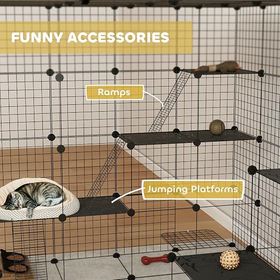 PawHut Cat Cage Indoor, Detachable Wire Cat Kennel with Hammock, 4 x 4 x 4 DIY 4 Tier Cat Enclosure with Jump Platforms, Ramps, Doors, for 13 Cats, 55 L x 55 W x 55 H, Black