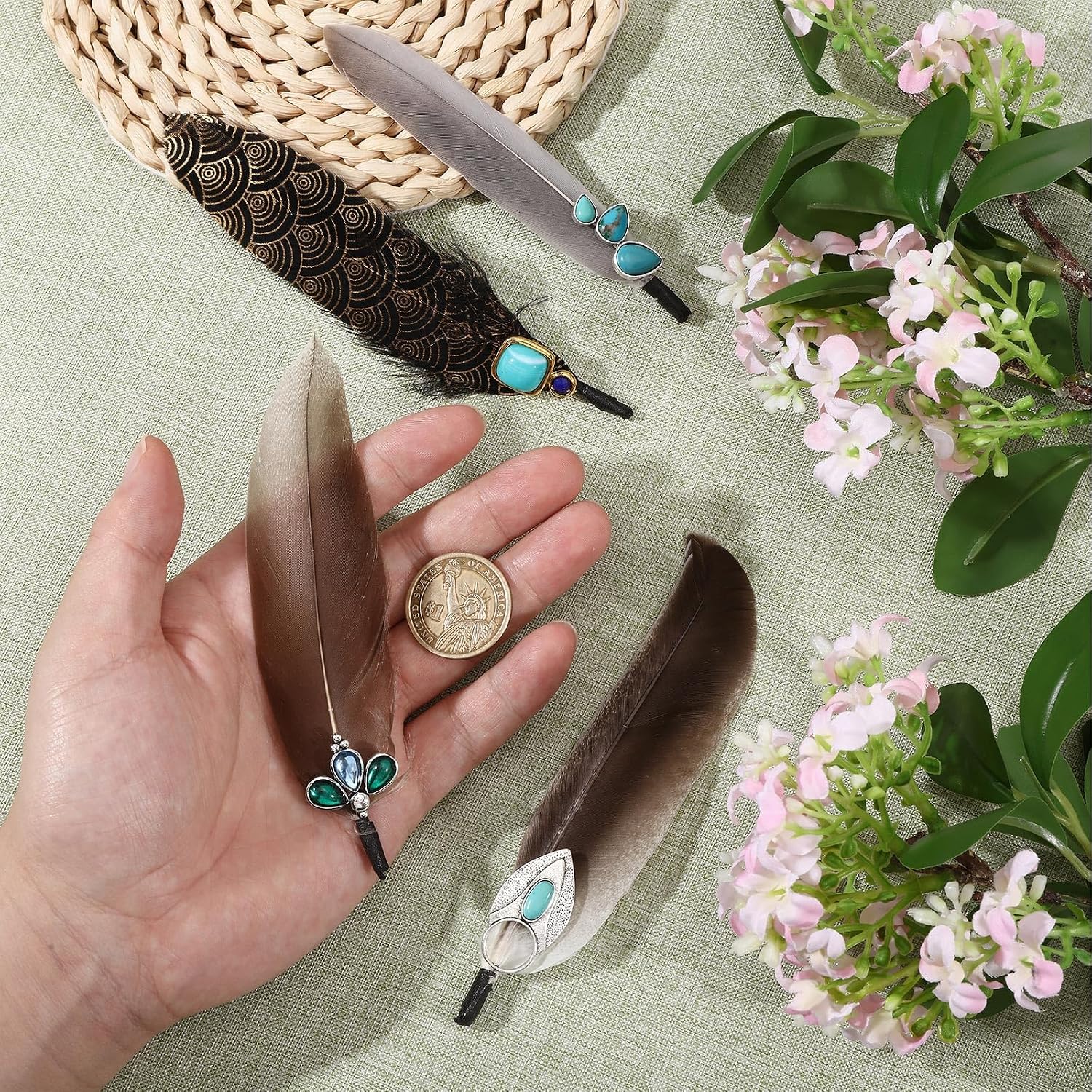 GLOBLELAND 4 Pcs Hat Natural Feathers Bohemian Rhinestone Feather Hats Accessories for Women Men Hat Feathers Pin Decor for Western Holiday Party Festival