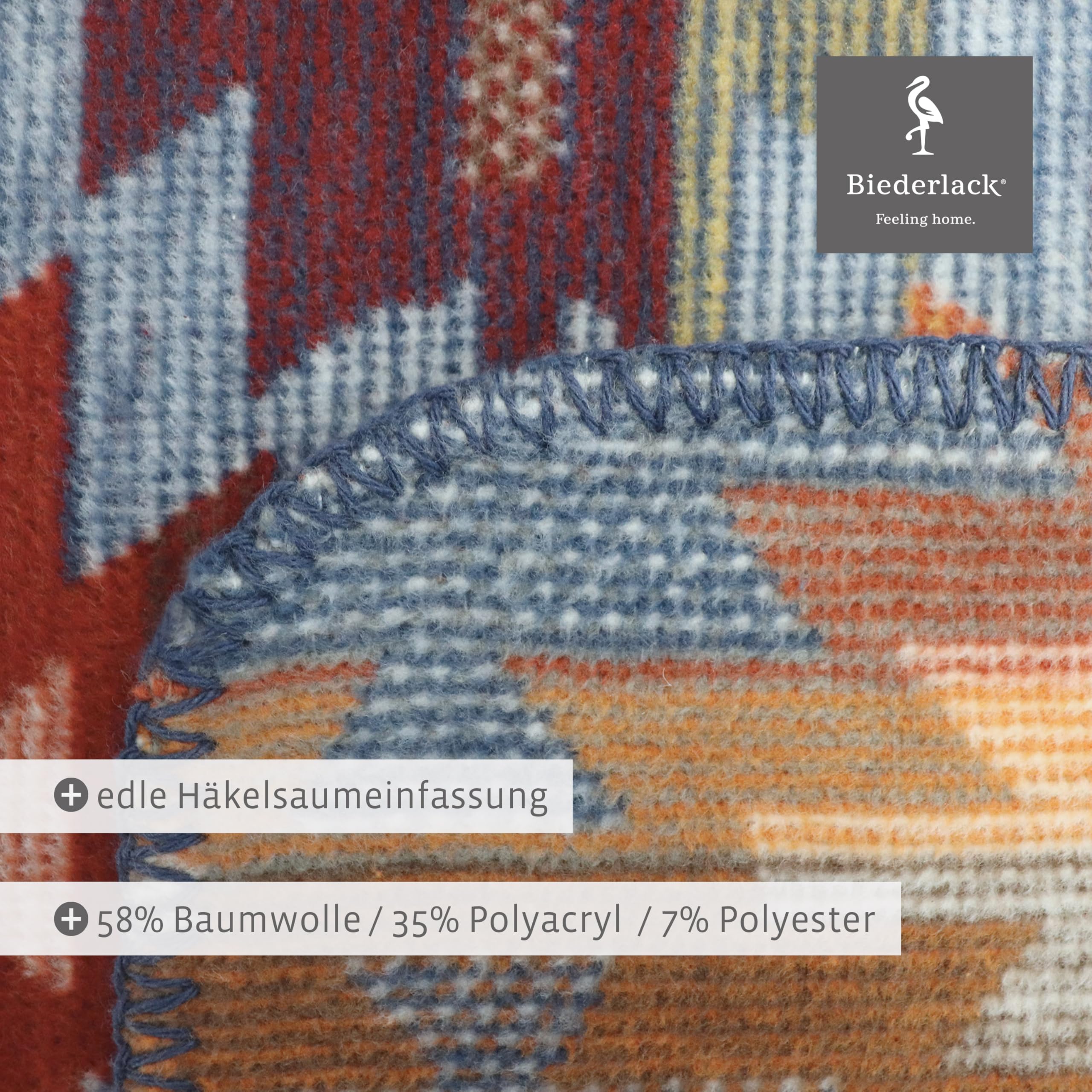 biederlack® Flauschige Kuscheldecke Navajo, Bunte Couchdecke in 150x200 cm | Made in Germany, Ethno Wohndecke in blau-orange, Sofadecke aus Baumwollmischgewebe, farbenfrohe Decke, OEKO-TEX Made in Green
