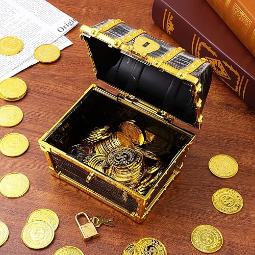 Miniatura 6 de Caja de almacenamiento de cofre del tesoro pirata, marco de borde dorado, cofre del tesoro pirata con cerradura y llave, caja de almacenamiento de