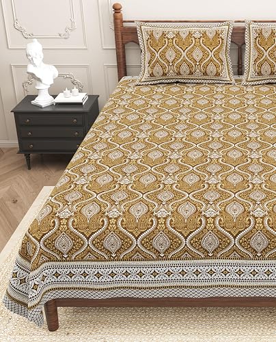 Urban Jaipur 100% Cotton Queen Size Bedsheet for Double Bed (90 x 108 Inches) | 210 TC Bed Sheet Double Bed Cotton | Floral Print - Yellow