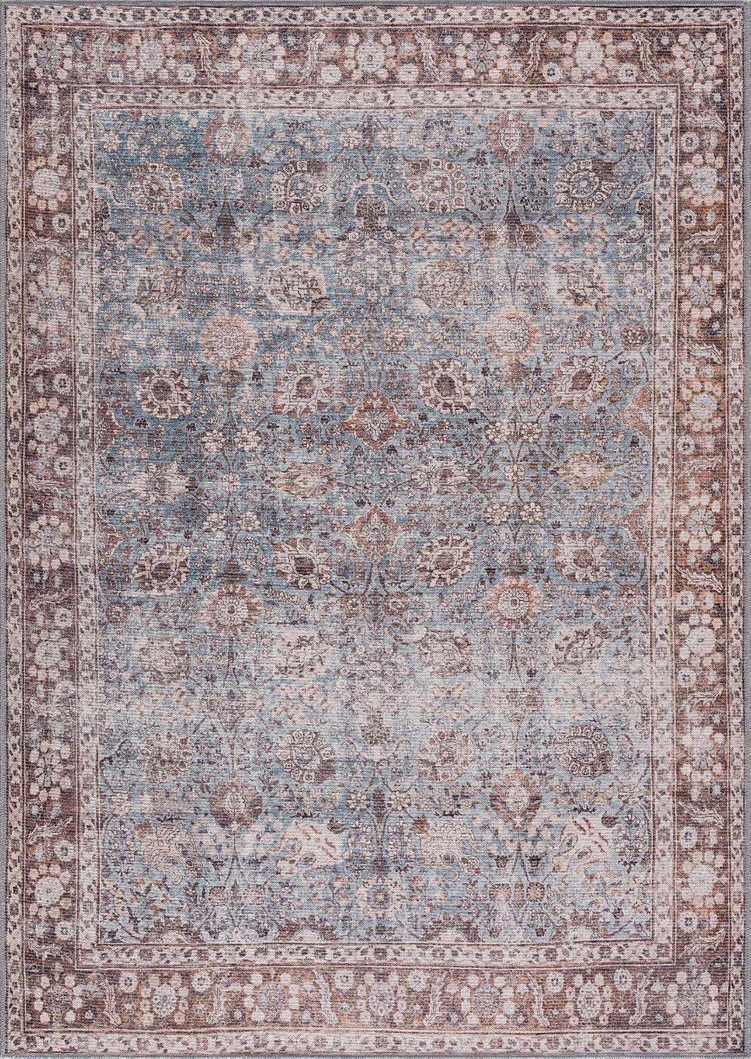 Hauteloom Dominic Traditional Oriental Machine Washable Living Room Area Rug - Bohemian Faded Carpet - Vintage Distressed - Brown, Beige, Blue - 5'3" x 7'3"