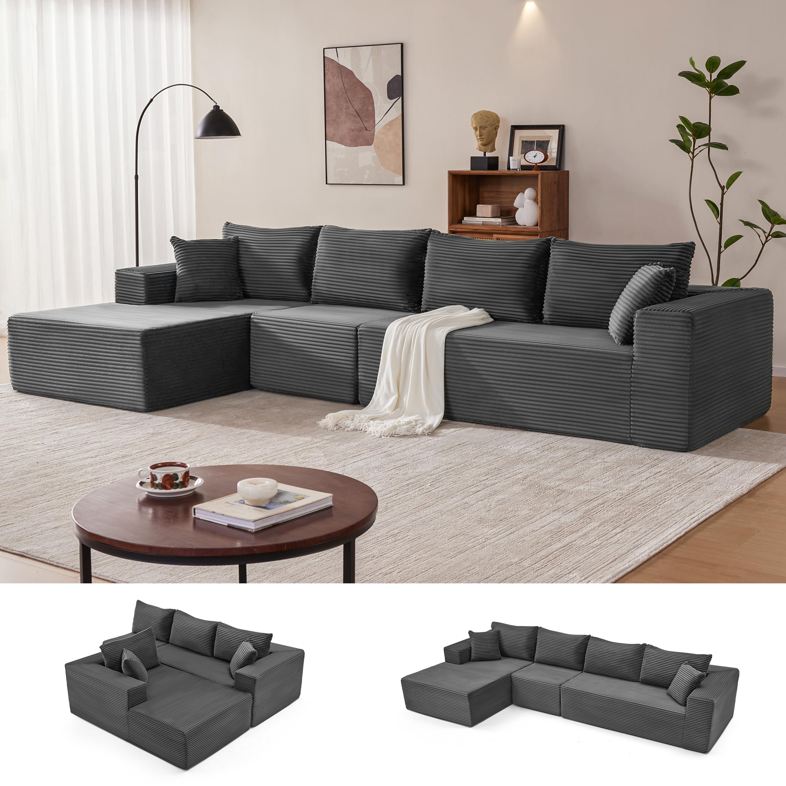 Mangodan 140” Cloud Sectional Couch, Modular Sectional Sofa with Deep Seat, Boneless Sofa for Living Room, Fluffy Comfy L-Shaped Couch with Left Facing Chaise, No Assembly Required, Grey